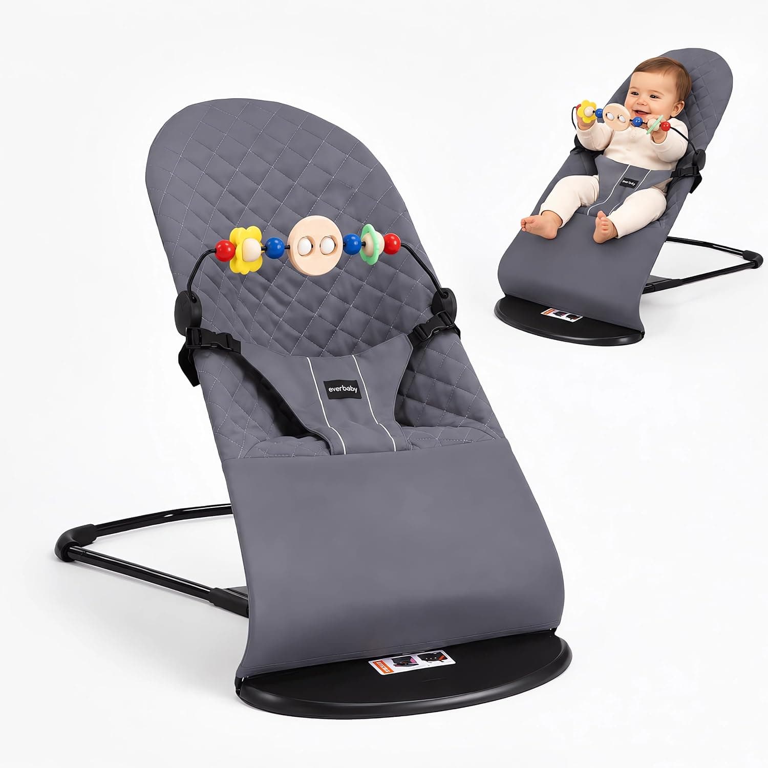 Baby Bouncer, Portable Baby Bouncer Seat for Babies 0-18 Months, 100% Cotton Fabrics, Portable Rocker with Mesh Fabric Babies Soothing Vibrations, Infant Rocker Chair with Hanging Toys (Black)