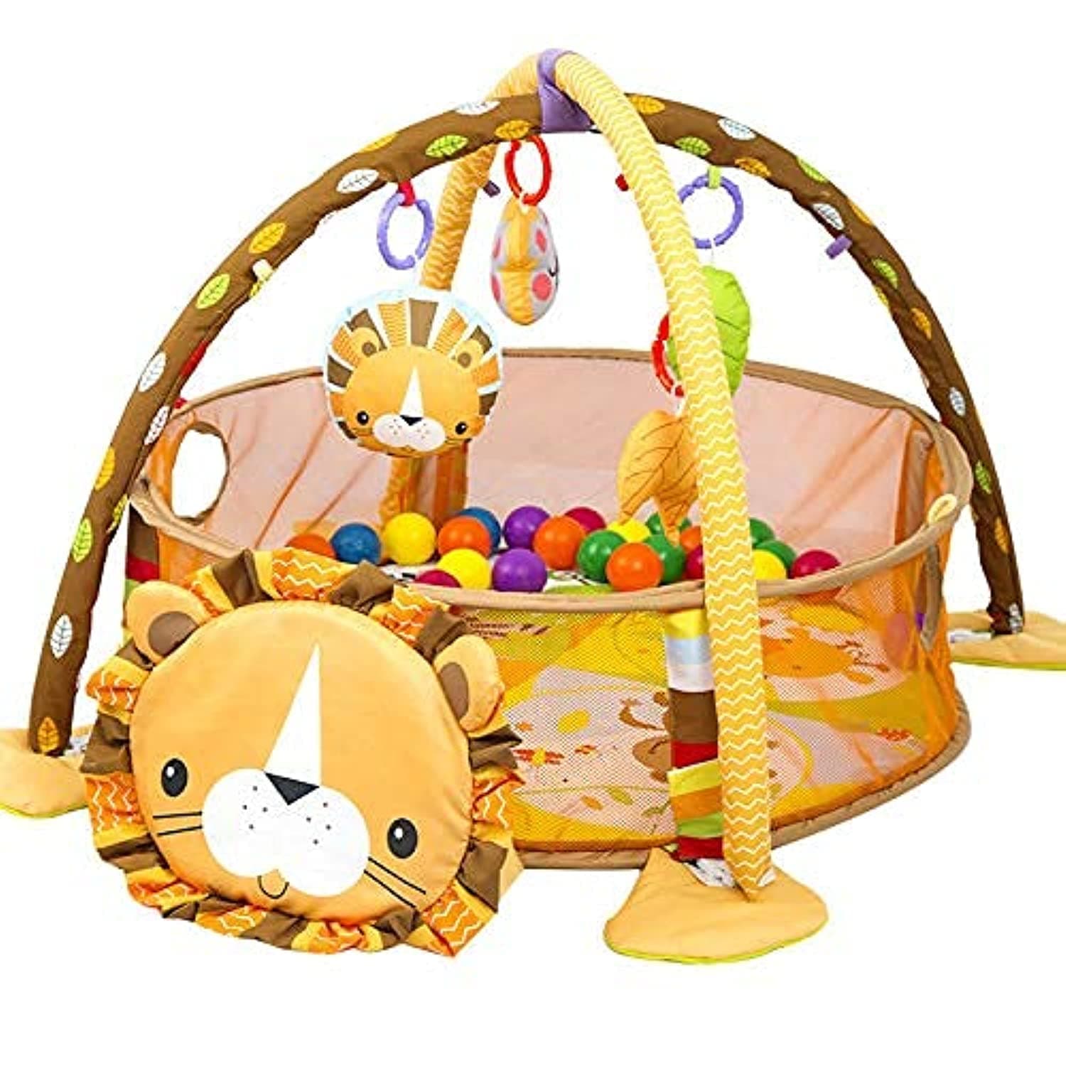 Baby Play Gym, 3 in 1 Activity Mat with Removable Toys Bars & Walls, Infant Marine Ball Pool, 4-Piece Hanging Toys & 30-Piece Ball Pit, Lion Pattern