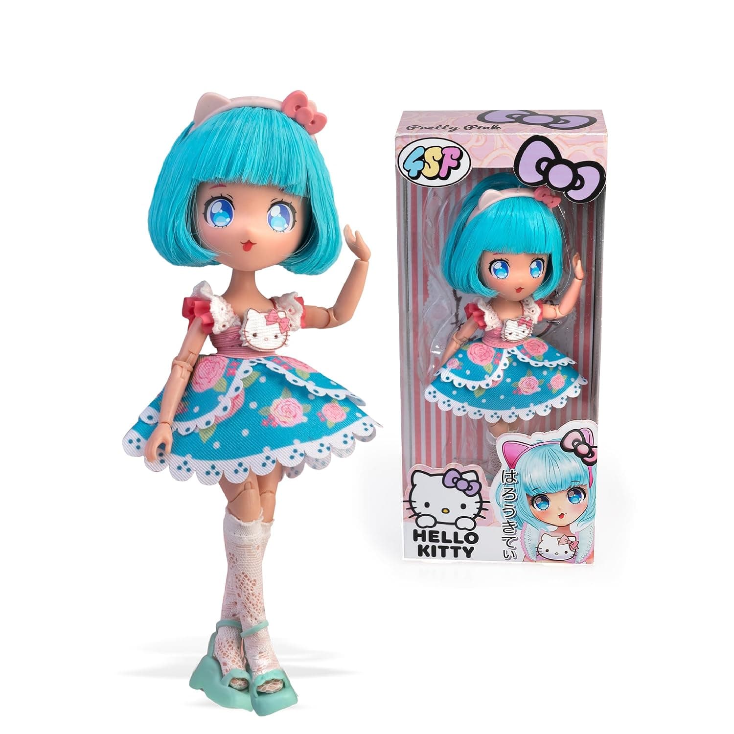 Hello Kitty Manga Doll Pretty Pink Japanese Fashion Doll with Fashion Designs Manga 19.5 cm Figure with 15 Points of Articulation Blue Hair Accessories Famous (HKTF0300)
