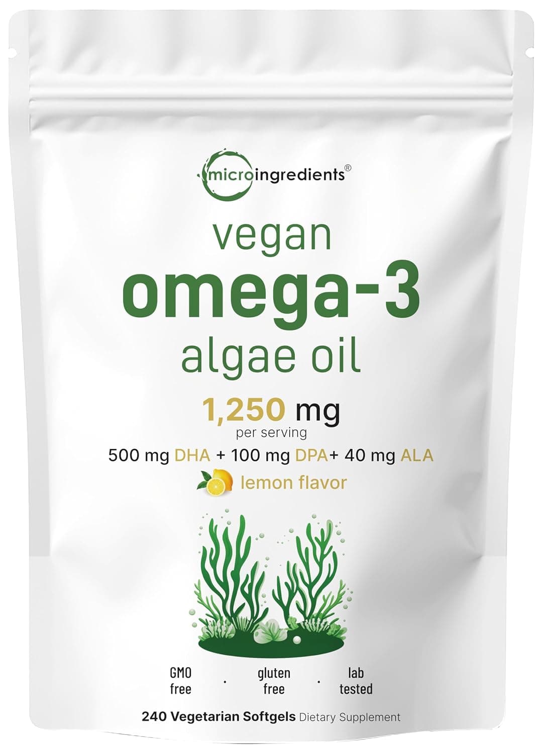 Micro Ingredients Vegan Algae Oil with Omega 3, 240 Vegetable Softgels | Fish Oil Alternative | DHA 500mg & DPA 100mg | Carrageenan Free | Plant-Based Omega 3 with Li