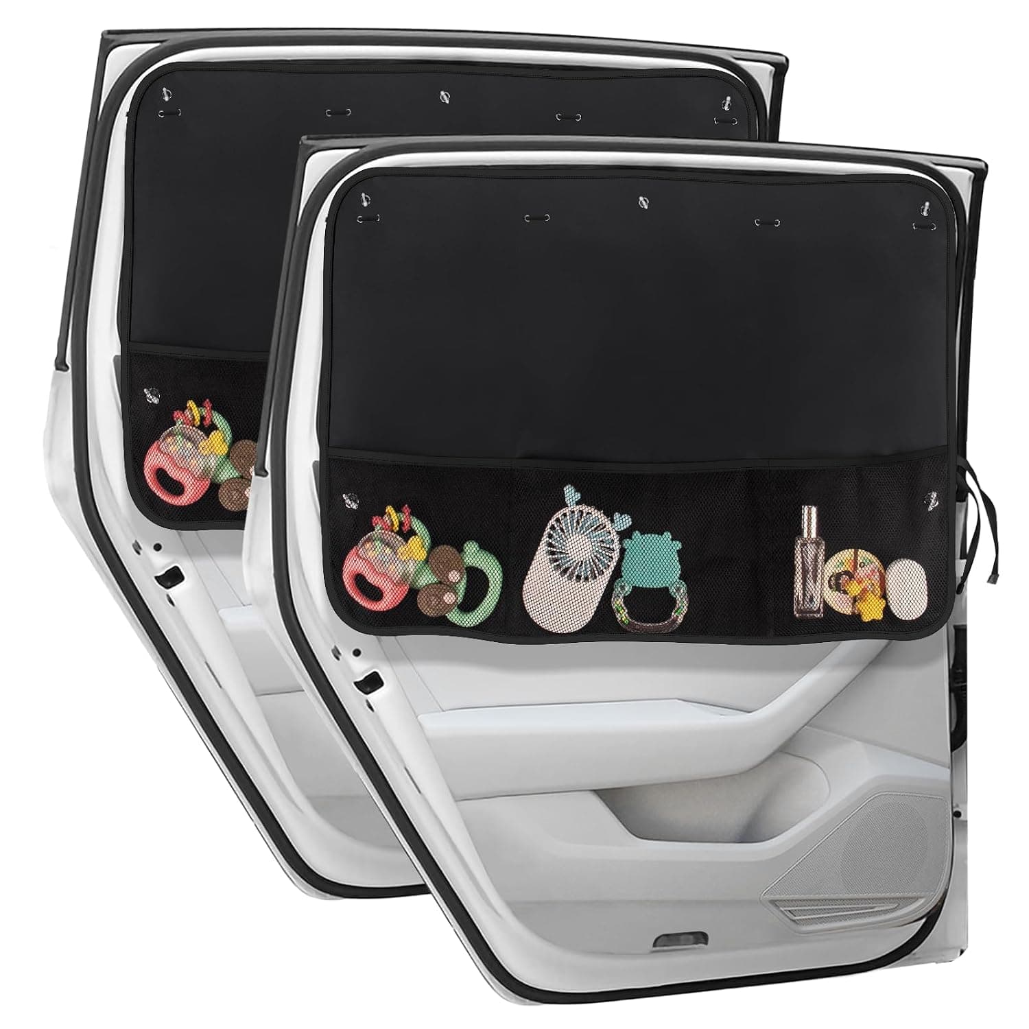 Car Sun Shade Side Window, 2 Pcs Blackout Car Window Shade for Baby Privacy with Storage Net Pockets Car Curtains 7 Suction Cups for Heat/UV Protection Sun Block Covers, black