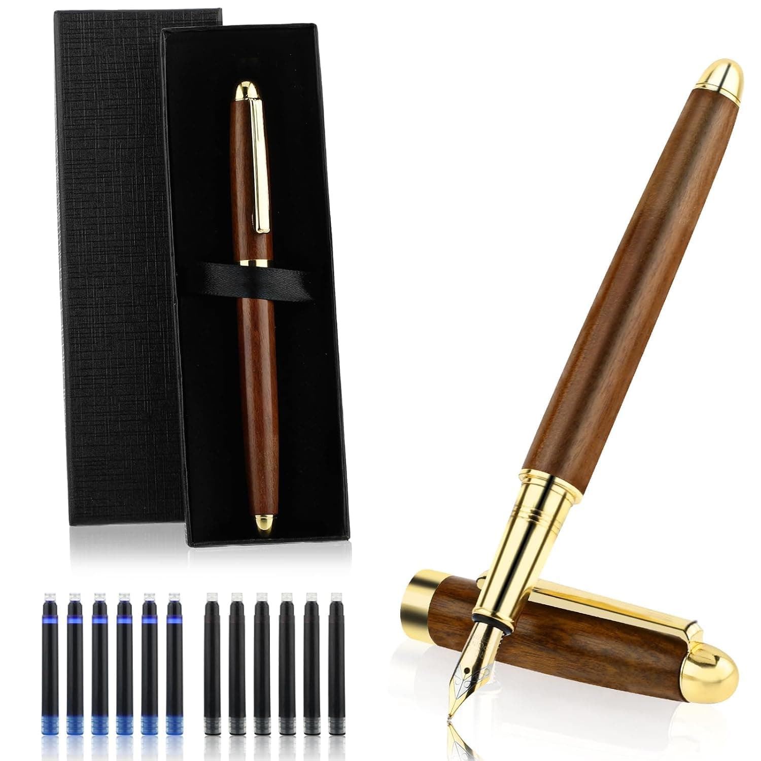 Ballpoint Pen Set, Vintage Luxury Wooden Fountain Pen Set with Brass Trim, Ballpoint Line 0.5mm Tip Come with 12PCs Ink Cartridges, Nice BallPens Classy Gift Box for Student Executive Office Birthday