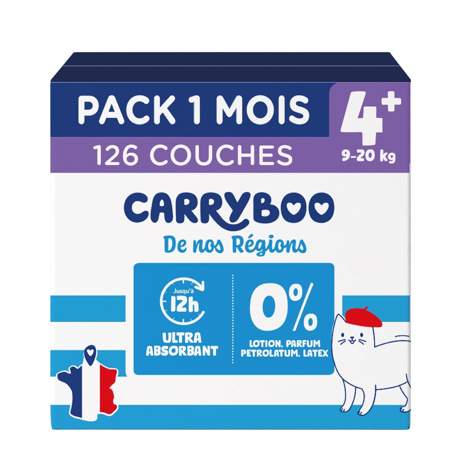 Carryboo De nos Regions - Size 4+ 9-20 kg - Disposable Nappies from France - Baby Care - Local and Environmentally Friendly - Natural Composition - Affordable Price - 126 Items - 1