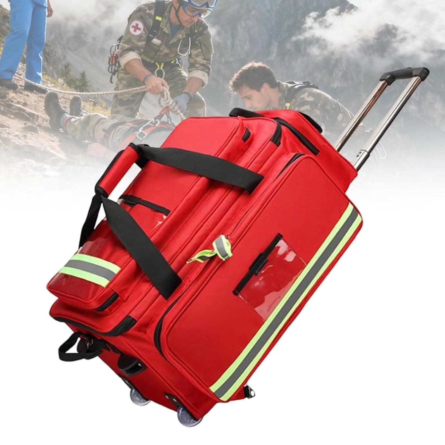 Rolling Medical Bag, First Aid Kits Case with Wheels, Removable Dividers, Empty Emergency Response Supplies Bag for Home Health Nurses, Doctors, EMT, EMS Professionals Red-105cm