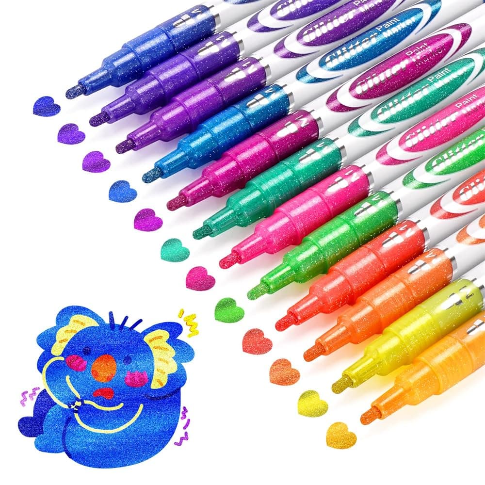 12 Colors Acrylic Glitter Markers Paint Pens, Azonee Shimmer Markers for Drawing, Scrapbooking, Rock Painting, School Supplies, Gifts for Kids & Teens, Art & Crafts