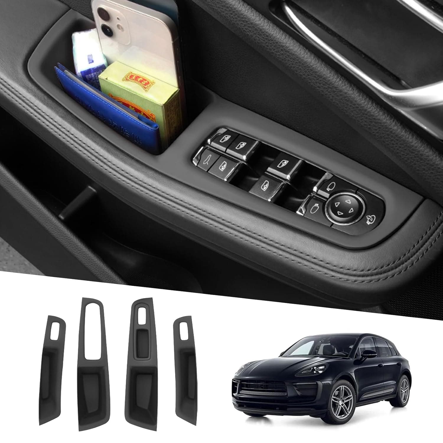 Fits for Porsche Macan Accessories 2014-2024, 4pcs Upgraded Door Side Insert Organizer Box Pocket, Window Button Panel Trim, Interior Decoration Kit (Black)