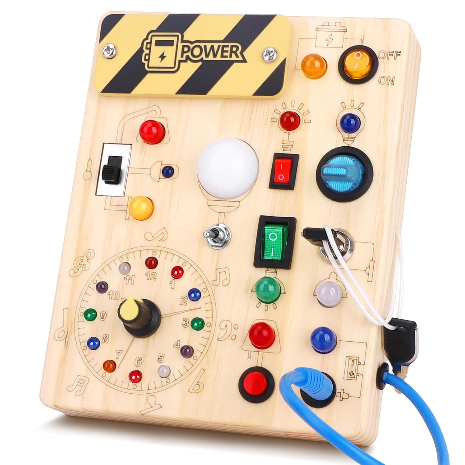 Montessori Toys Clock Wooden Busy Board with 11 LED Light switches, Tooddler Toys Sensory Toys Travel Toys for 1+ Year Old Baby and Toddler