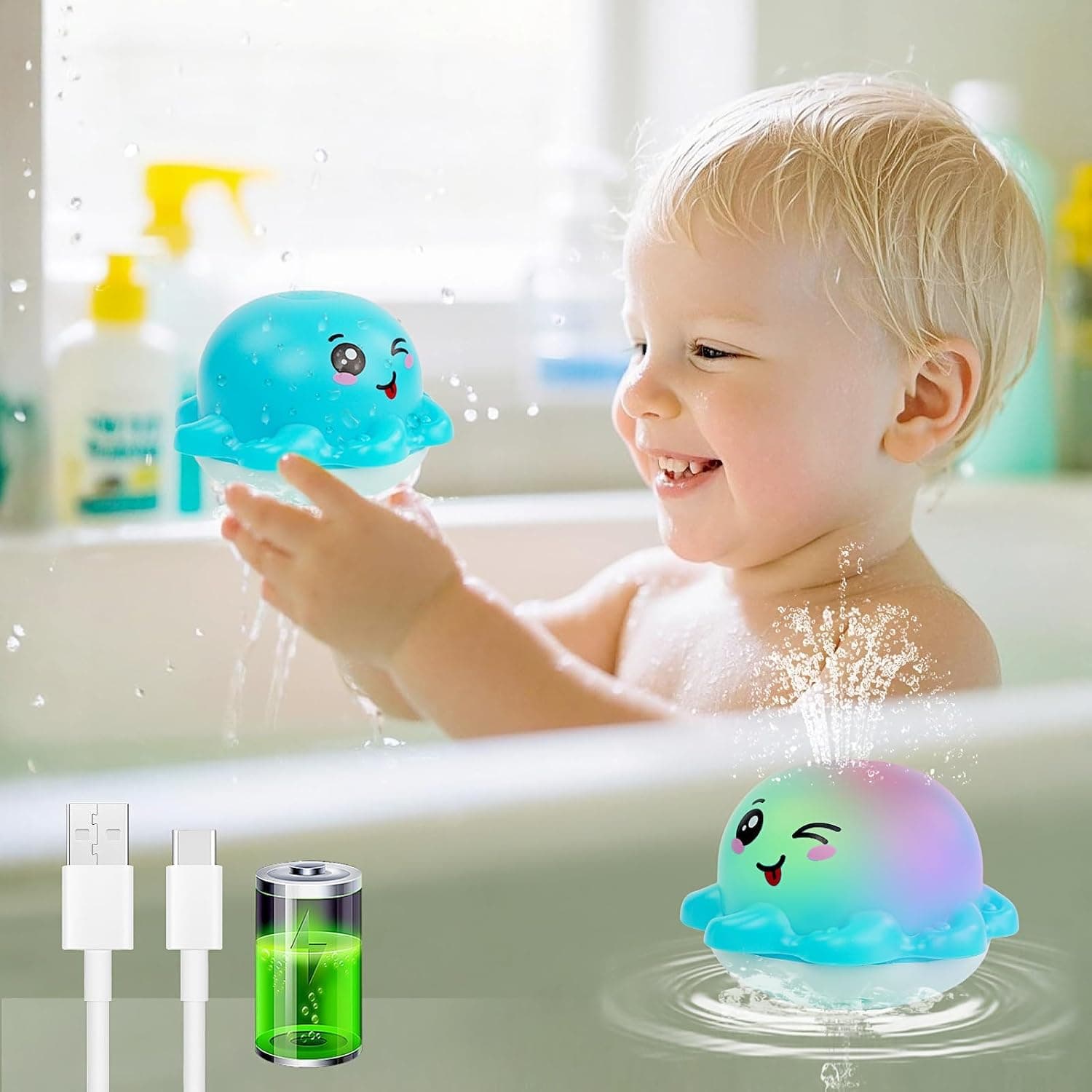 Bath Toy Sprinkler for Babies, Rechargeable Bathtub Water with LED Light and Automatic Spraying, Sensory Octopus Shower Essential Toddlers, Durable Fun Activity Gift Infants Kids, Blue