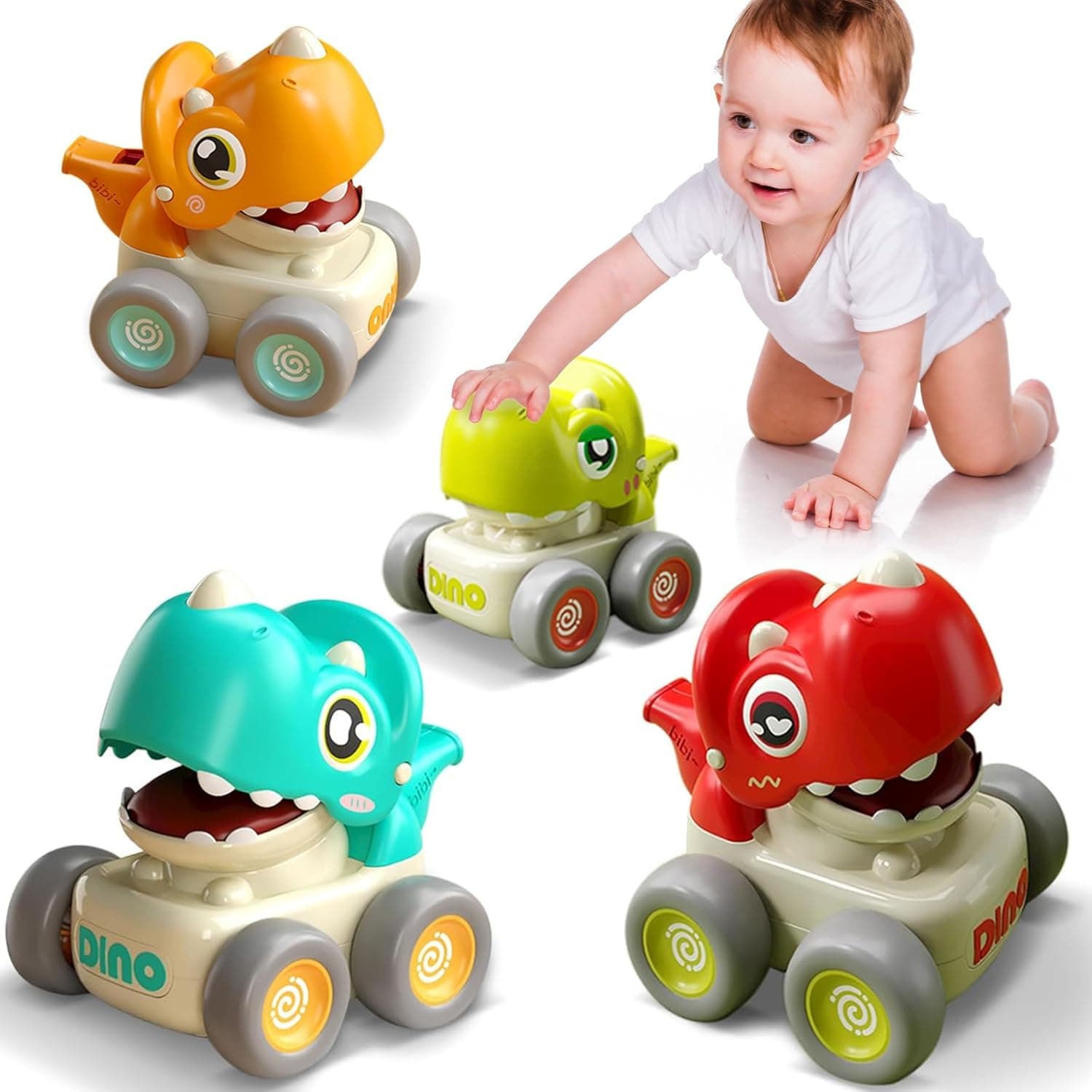 Press and Go Car Toys for Toddlers, Baby Dinosaur Racing Cars, Infant Play Vehicle Set with Whistle, Baby Push Go Friction Car Toys for 18+ Months, First Birthday Gifts for Toddler
