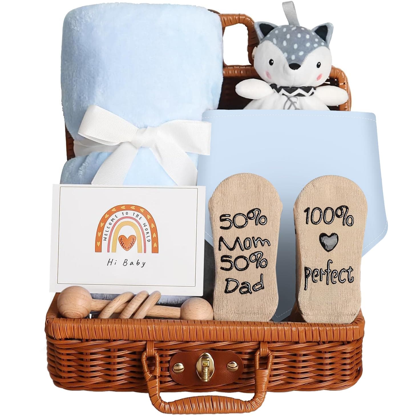 Baby Gift Basket, Newborn Gift Set with Baby Blanket Baby Rattle, Newborn Baby Gift Set, Newborn Baby Gifts, Medium Baby Gift Basket Kit for Expecting Moms（BLUE）