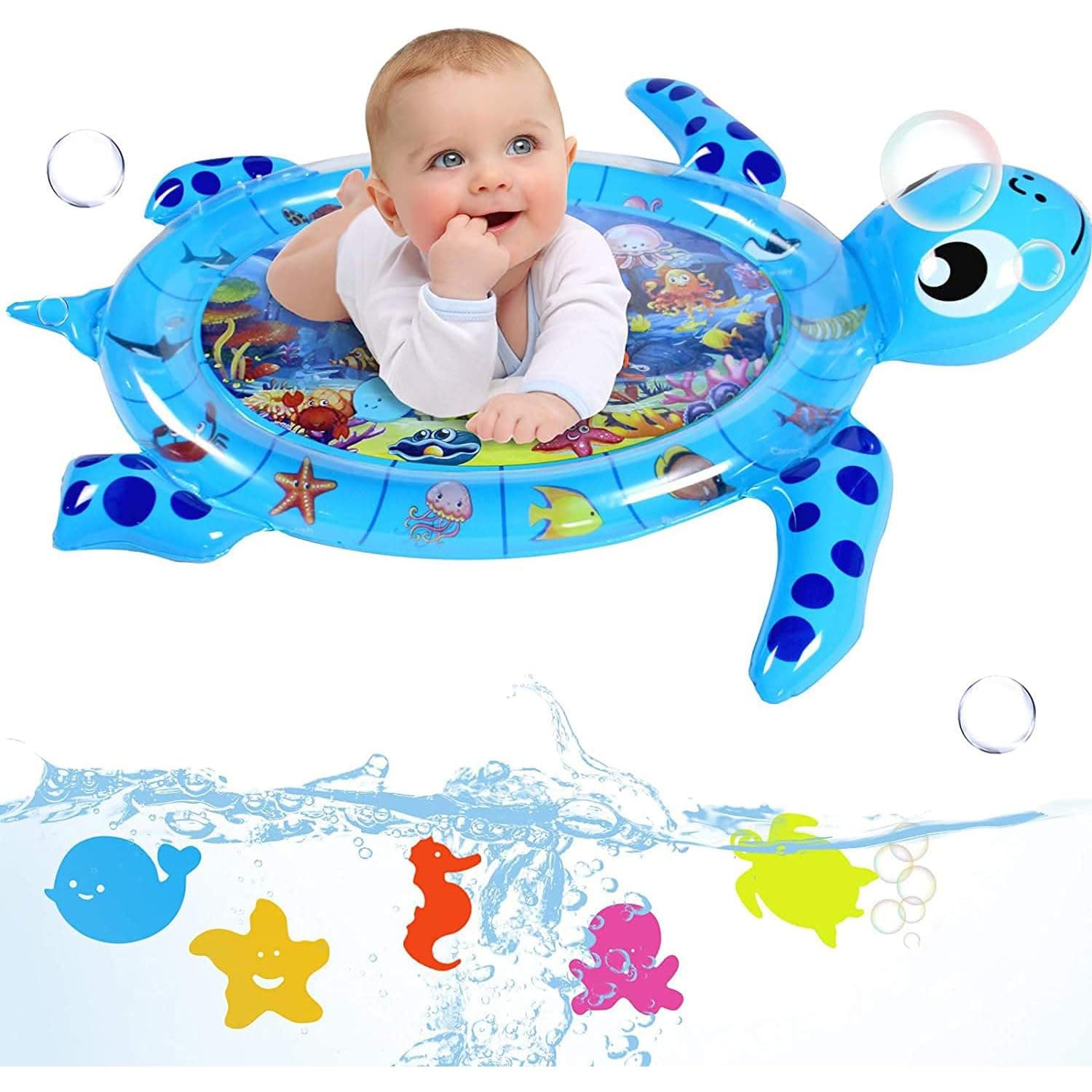 Joyzzz Tummy Time Water Mat, Sensory Development Activity Center with Floating Sea Animals, Extra-Thick 0.4cm Inflatable Playmat for 3-12 Months Infants, Perfect for Baby Neck and Muscle Training