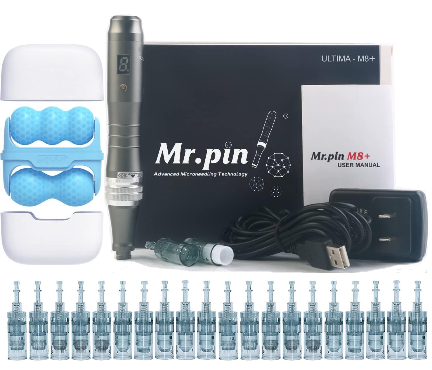Original Dermapen Mr.Pin Ultima M8+ | Wireless with 22 Pieces Replacement Cartridges in Different Sizes - for Skin and Hair Care - Best skin care kit