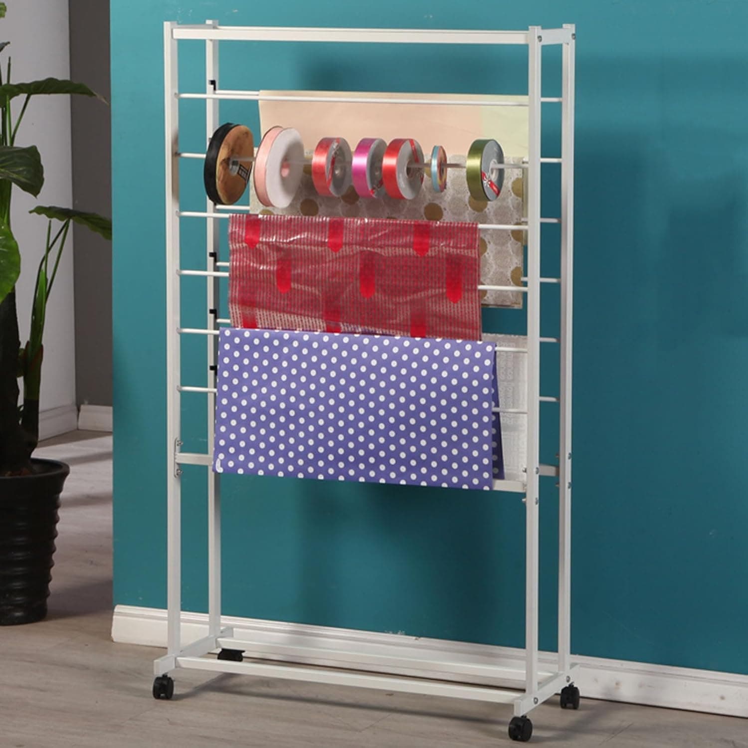 Metal Ribbon Stand with Wheels - Gift Wrapping Paper Holder Craft Room Storage Cart Scarf & Towel Rack Display Sewing Supplies Versatile Crafting Solu(White-Style 2)