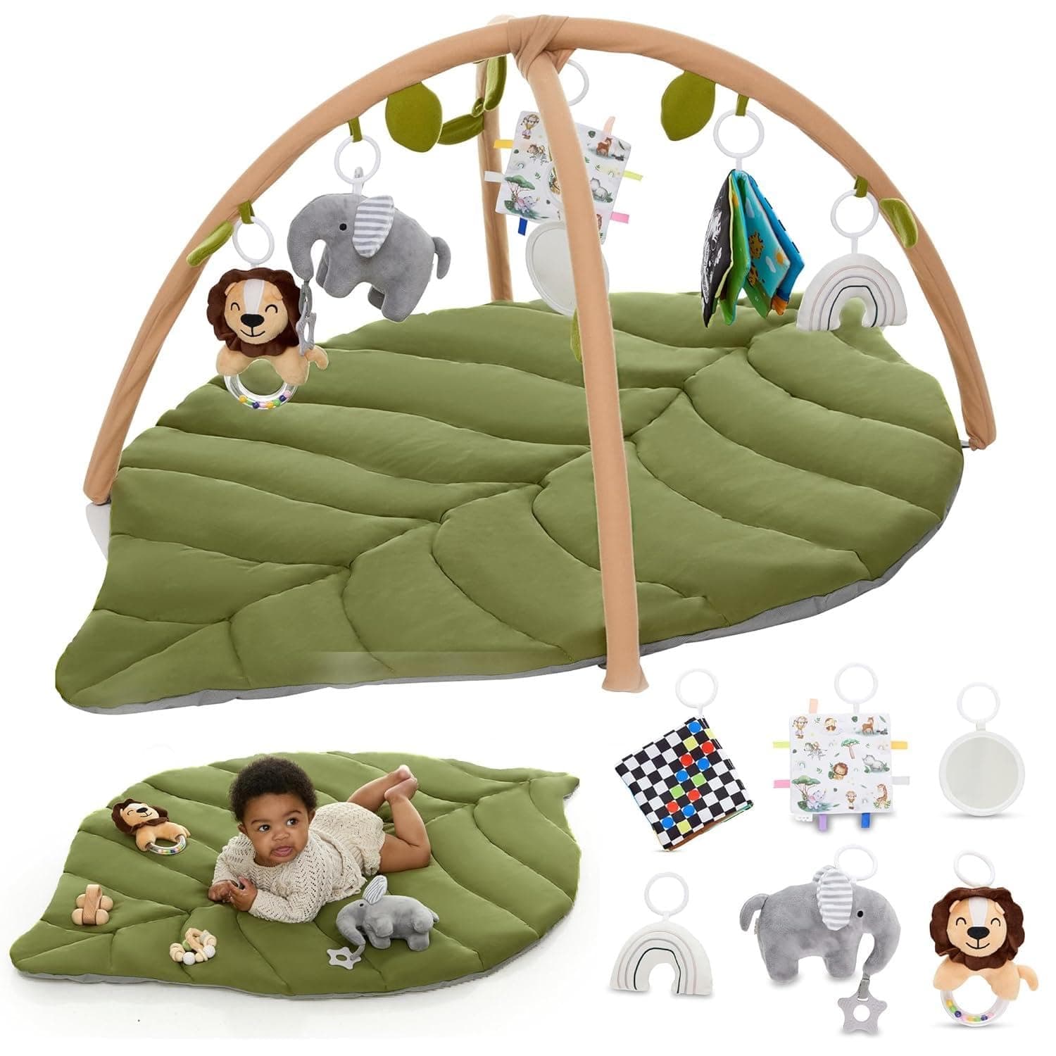 Baby Play Gym & Activity Mat, Oversize Leaf Shaped Baby Play Mat 6 Detachable Toys, Tummy Time Mat Promote Motor Skills & Sensory Development Mat, Newborn Infant Baby Essentials Gift