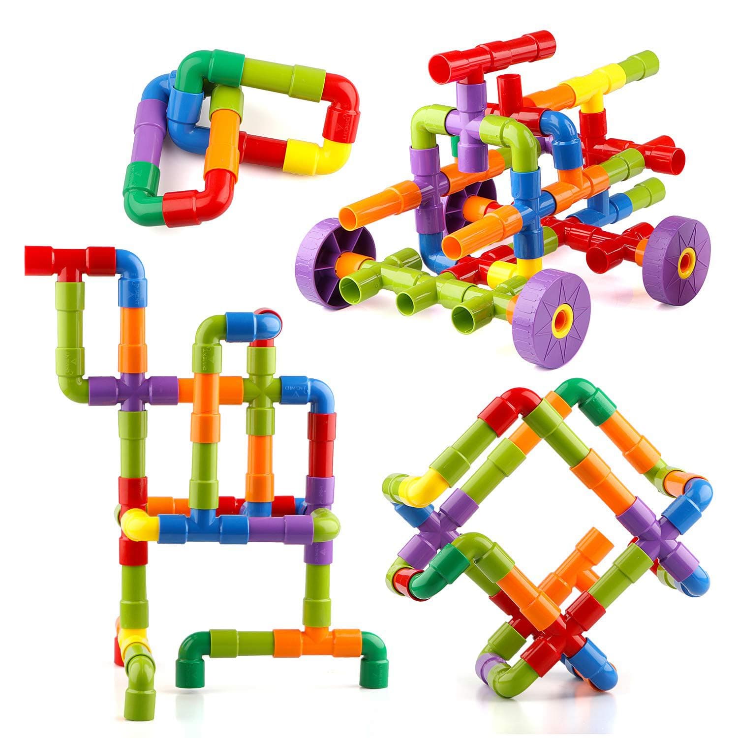 STEM Toy Pipe Tube Building Kit for Kids, 72 Pcs Creative Interlocking Construction Blocks Sets with Wheels Baseplate Educational Learning Preschool Gift for Tolddlers Boys Girls Age 3 4 5 6 7 8