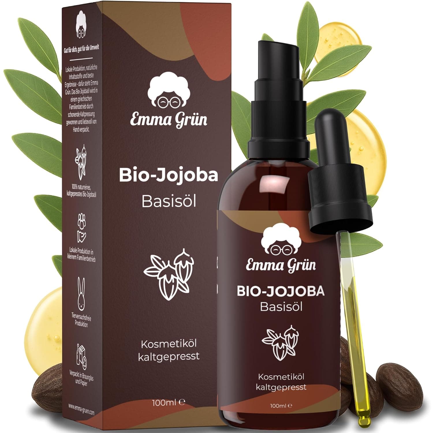 Emma Grün Jojoba Oil Cold Pressed 100 ml [100% Pure] - High Quality Organic Jojoba Oil for Beard, Skin & Scalp Care - Clean Jojoba Oil - Jojoba Cosmetic Oil for Hair & Nail Care - Cold-Pressed Base