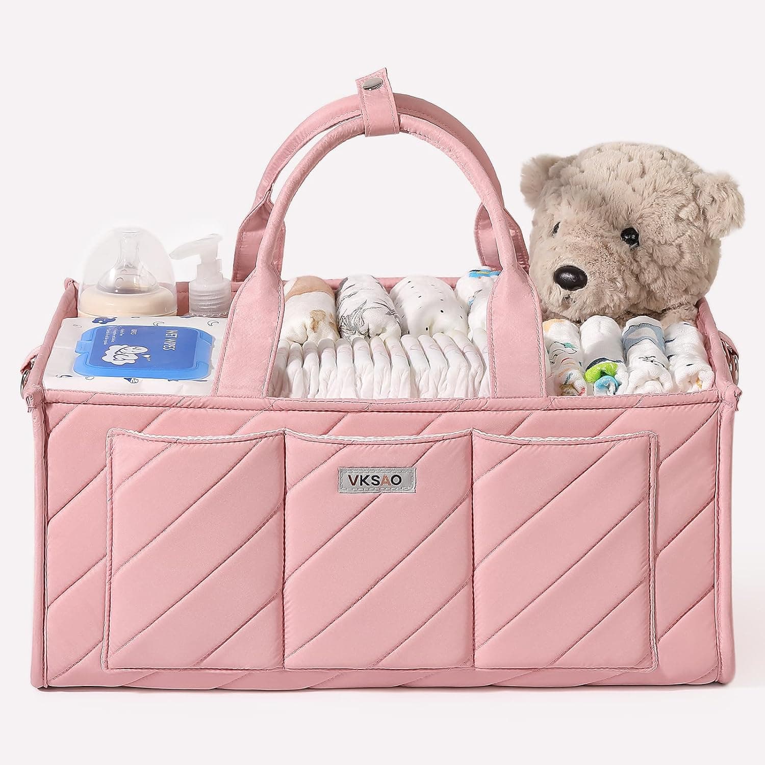 Diaper Caddy Organizer for Baby Essentials – Soft Blush Pink Storage Basket with Compartments, Shoulder Strap & Stroller Hooks – All-in-One Multifunctional Diaper Storage Tote for Nursery & Car