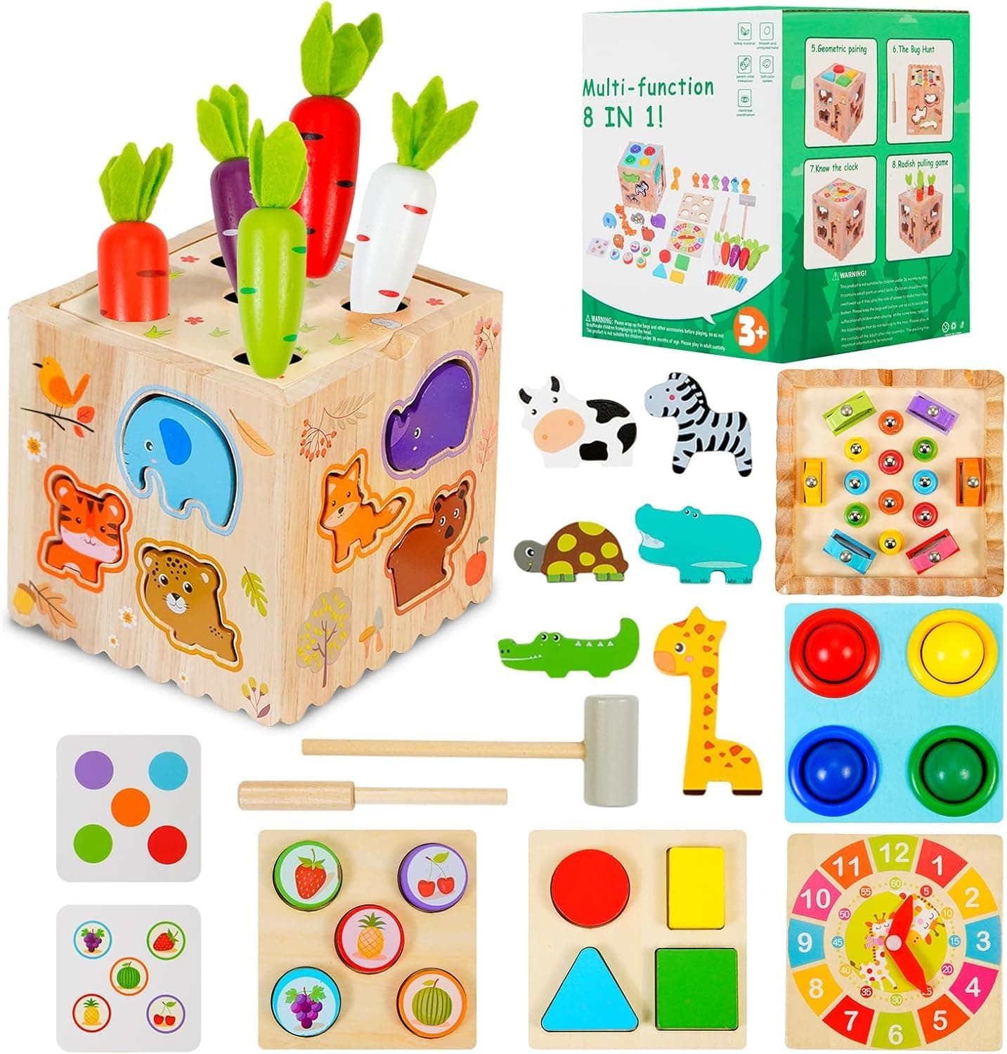 Soofam Montessori Toys for Kids, 8 in 1 Wooden Toy Kit with Animal Pairing, Fruit Color Sorting, Fishing, Knocking Ball Game, Fine Motor Skill Busy Activity Cube, Gift for Toddler Baby