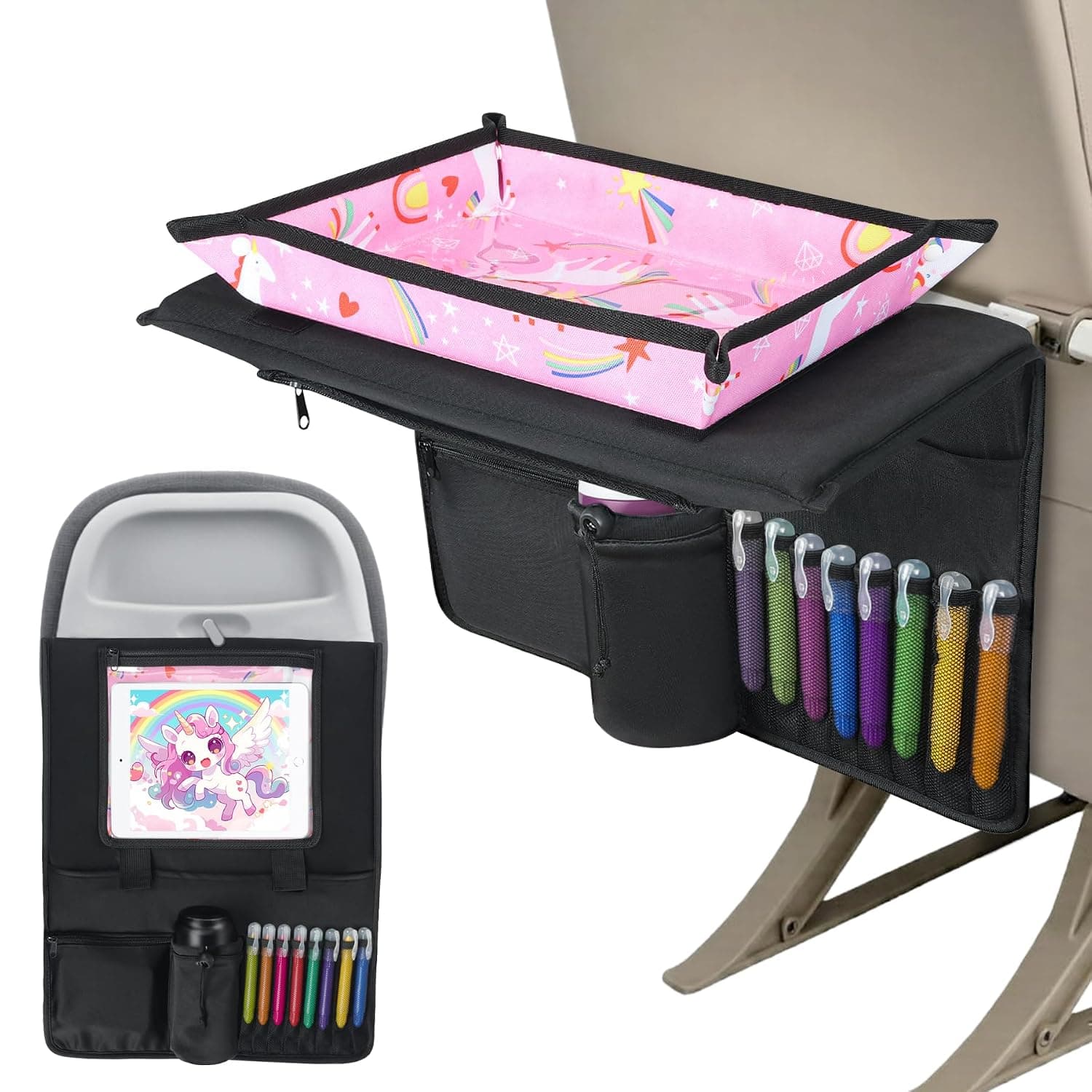 Babenest Kids Travel Tray Table Cover with Tablet Holder (Unicorn Pink) | Plane essentials for Toddler, Airplane Travel Tray with Pockets, Travel Essential Must-Haves for Train and Flying Supplies