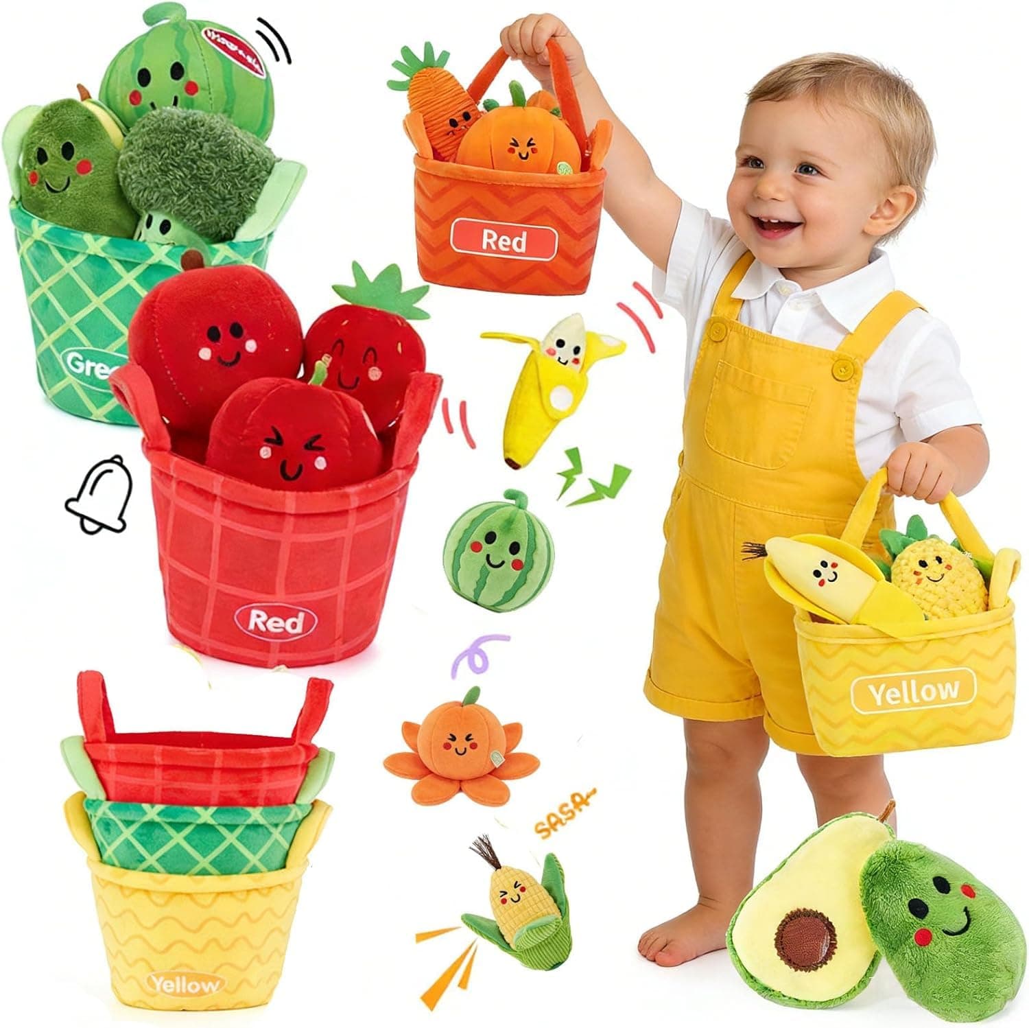 Beauenty Baby Toys 6-12 Months – Montessori Sensory Toys Set of Fruits and Vegetables Plush with Rattles and Basket, 16 Stacking & Educational Toy, boys and girls Birthday Gifts for 1-3 Years