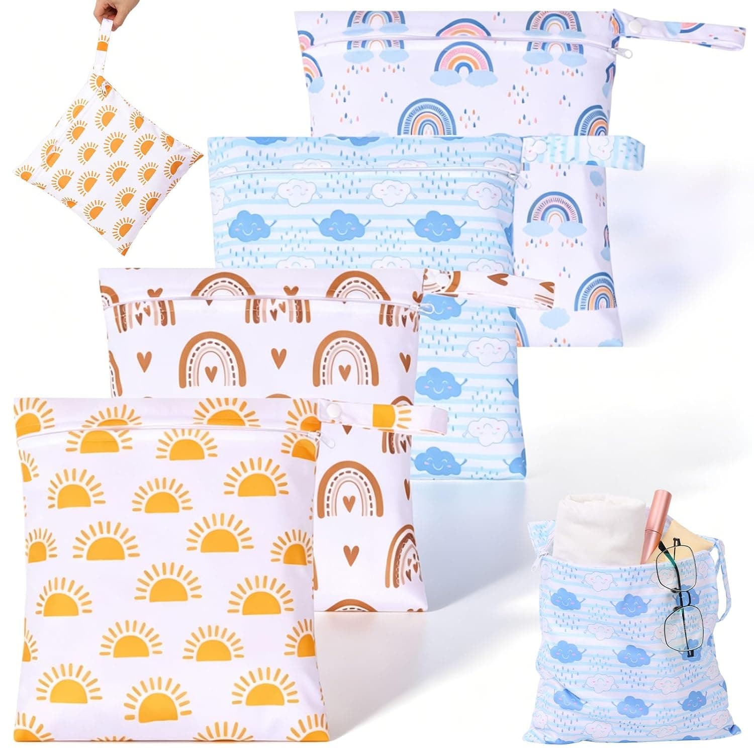 Set of 4 Wetbag Nursery Waterproof Wet Bag Baby Nappy Bag Travel Bag for On the Go Washable Fabric Nappies Organiser Bag for Swimming Items Beach Pool Yoga Gym Dirty Clothes and Bathroom, Style 2, A