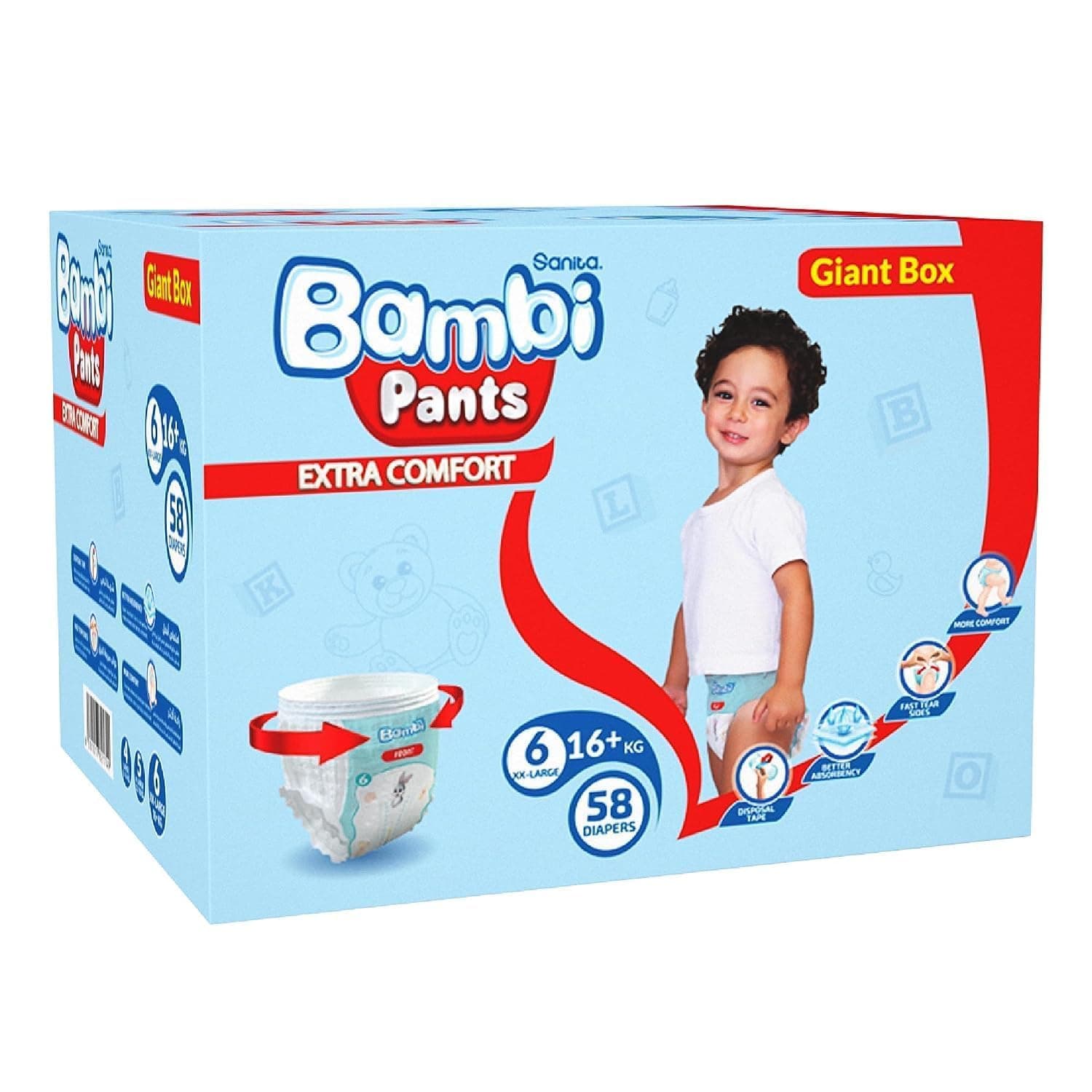 Sanita Bambi Pants GIANT Box Size 6, XX Large +16 KG, 58 Count