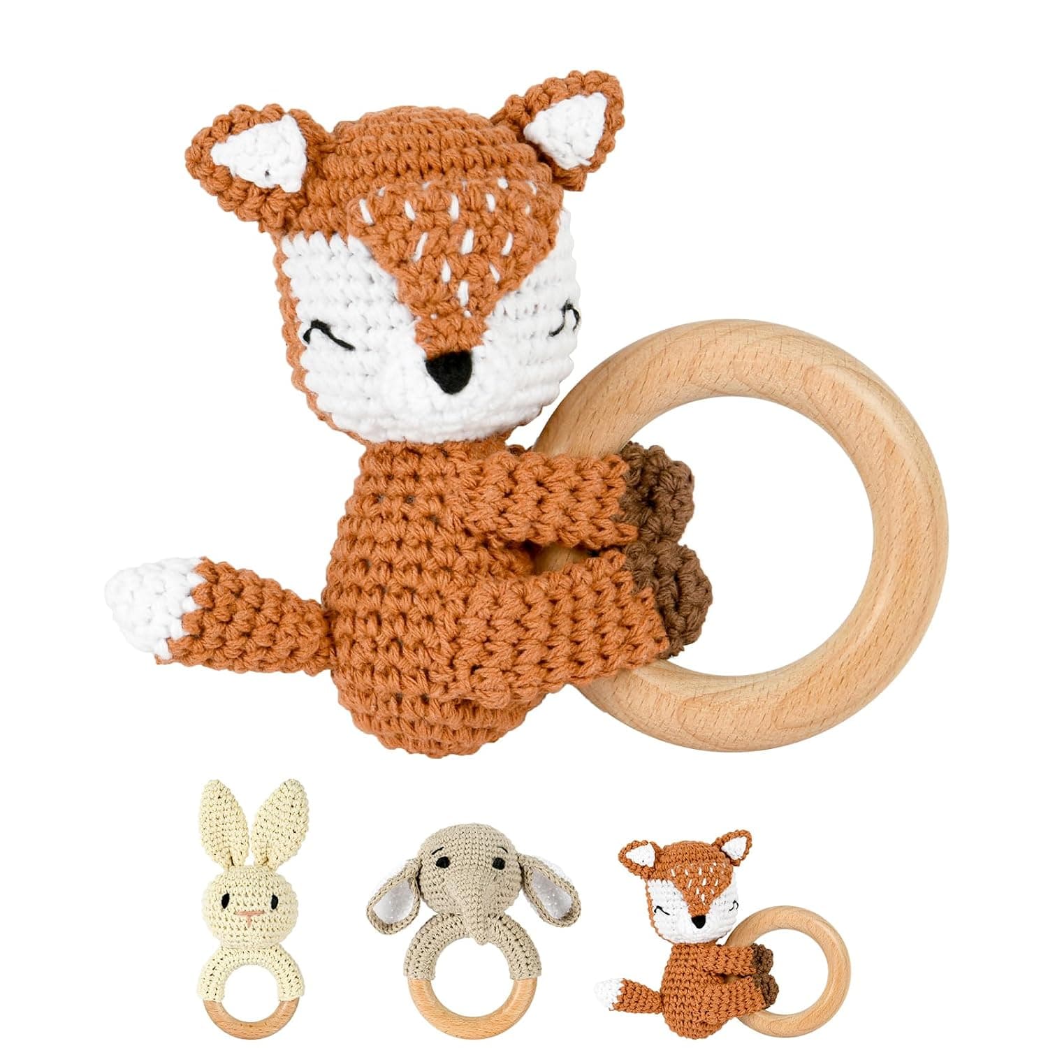 OFFCUP Baby Rattle Crochet with Ring Wooden Sensory Toys Rattle Toy Montessori Newborn Baby Toys for 0+ Months Children, Newborn Gift -Fox