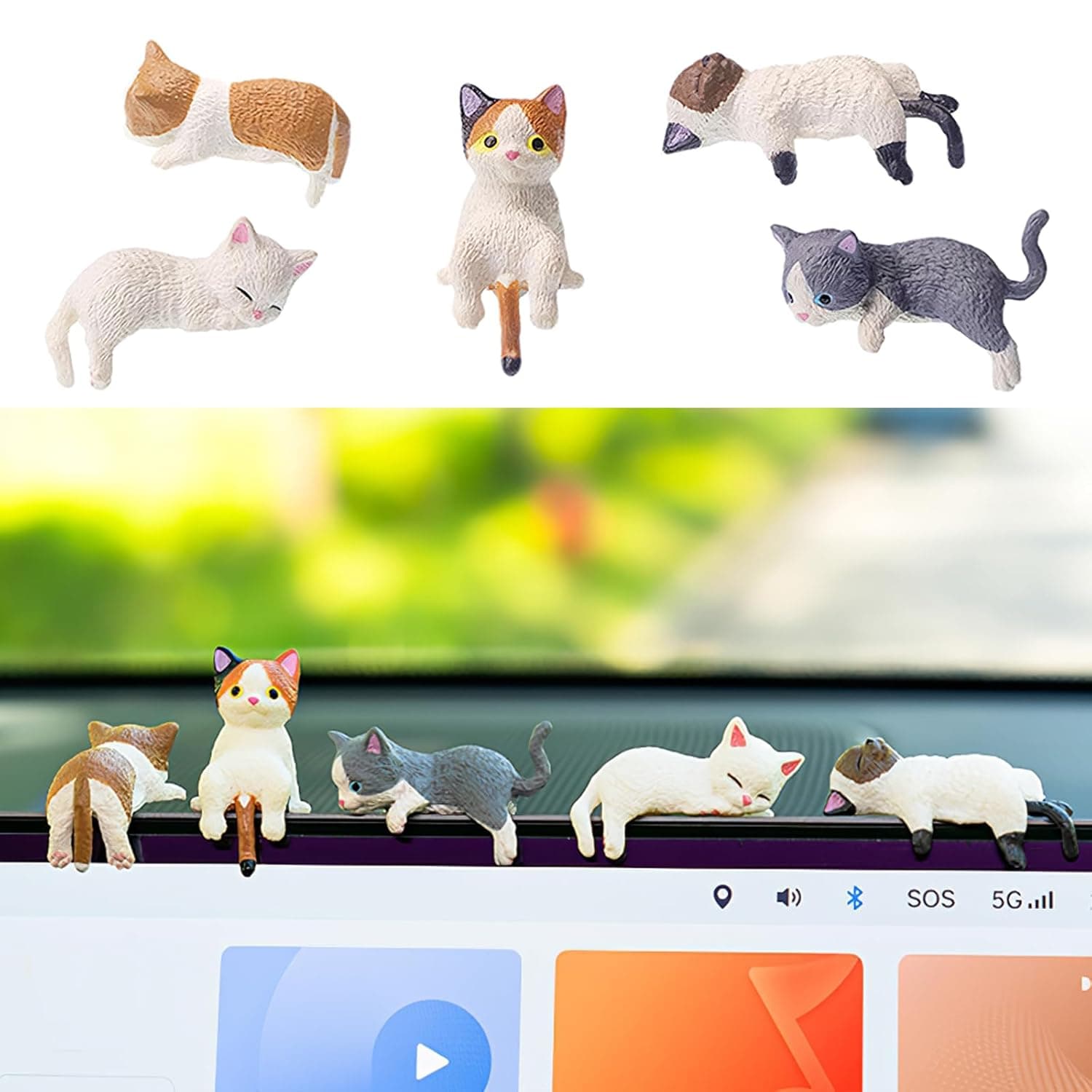 5 Pcs Mini Cat Cute Car Accessories, Resin Cat for Dashboard Decorations, Desk Decorations, Car Ornament Interior Decors Rearview Mirror Funny Gifts