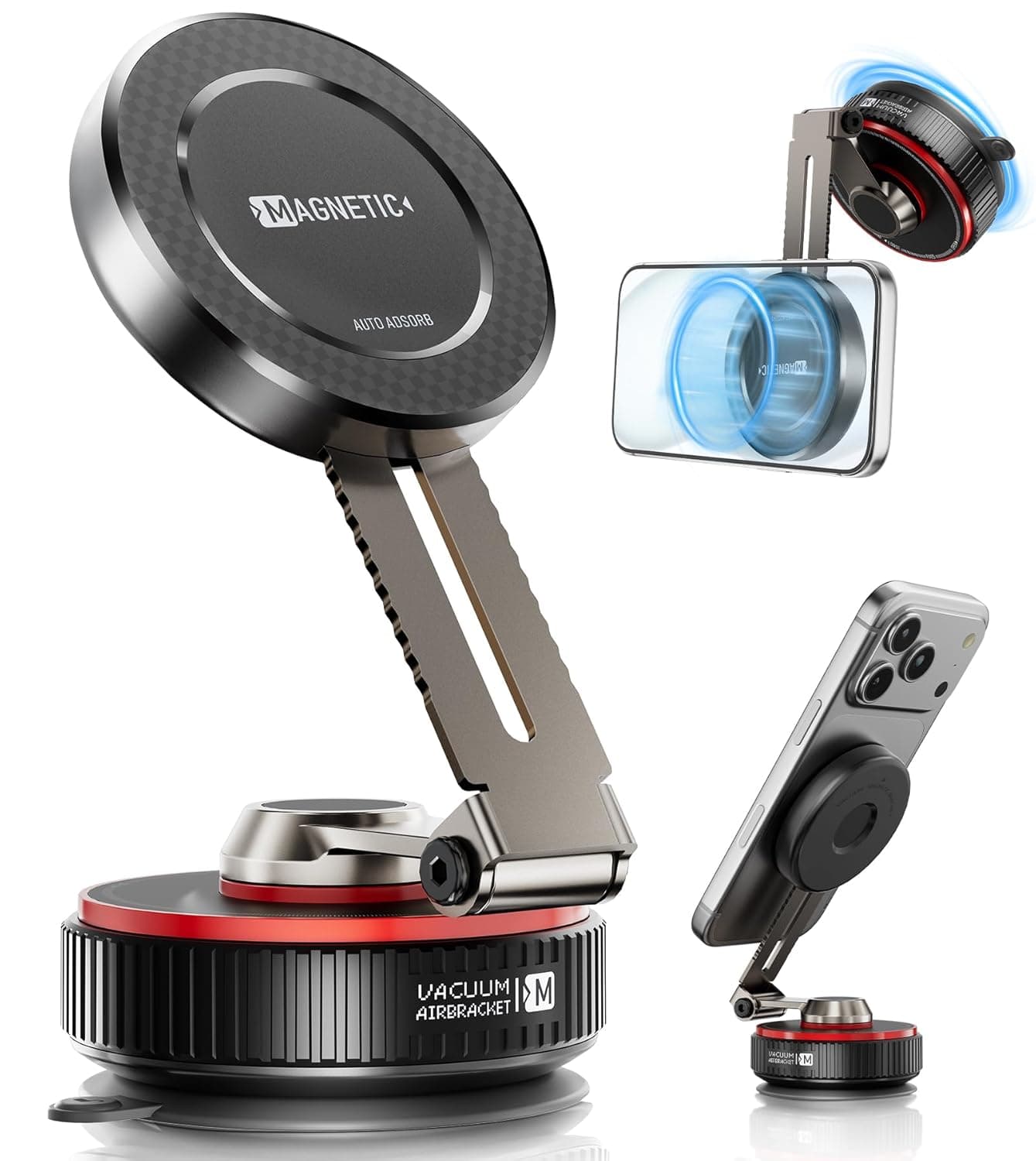 TONEOF Latest Magnetic Car Phone Holder, 360° Rotatable Phone Stand for MagSafe, Phone Mount with Strong Vacuum Suction Cup & Retractable Arm, Mini Mobile Phone Stand with Magnetic Ring for Smartphone