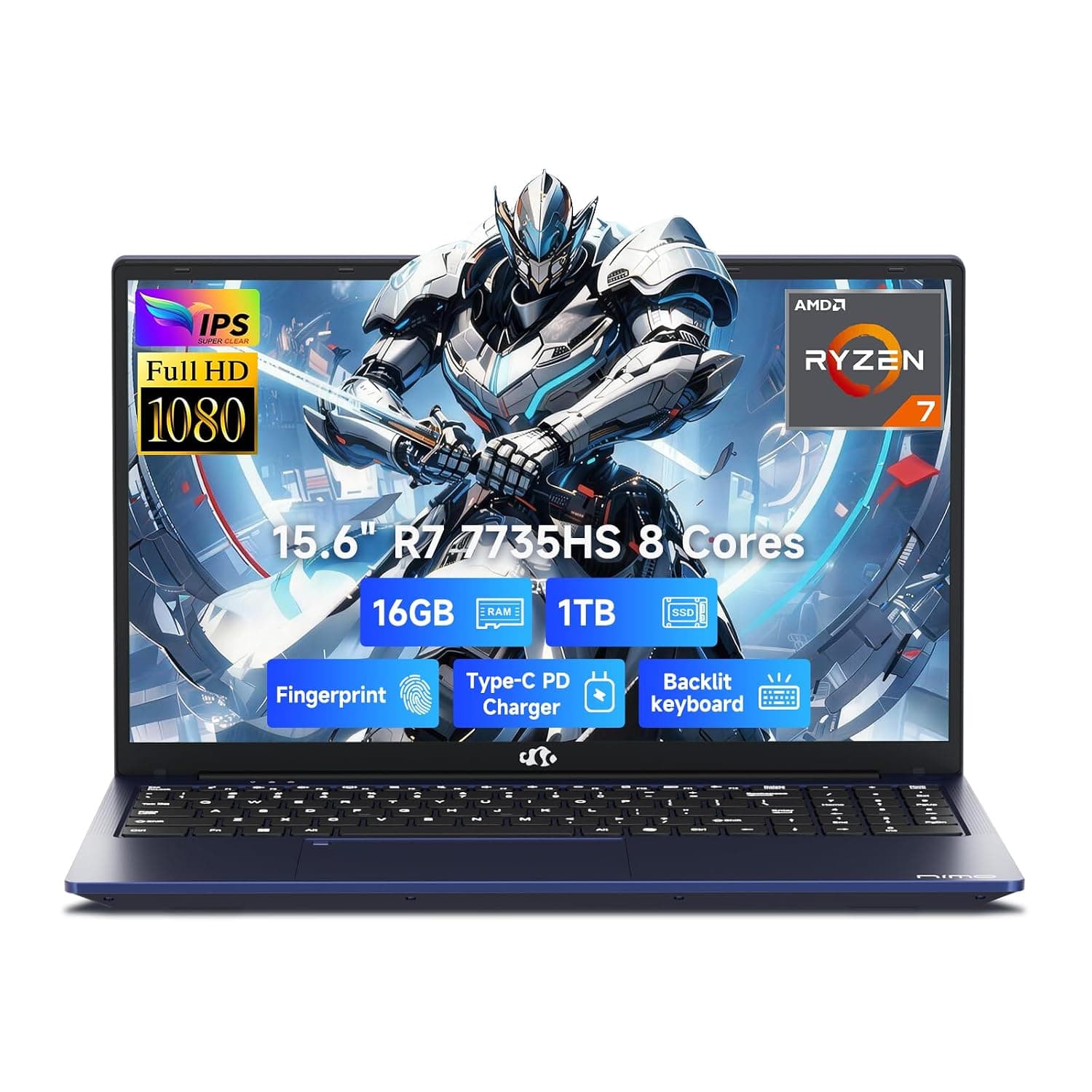 NIMO Light-Gaming-Laptop, 15.6" FHD Computer with 8-Core R7 7735HS 16GB DDR5 RAM 1TB SSD (Up to 4.75GHz, Beat i7-12650H) Radeon 680M GPU 100W Type-C 180° View for Business and School, 2Y Warranty