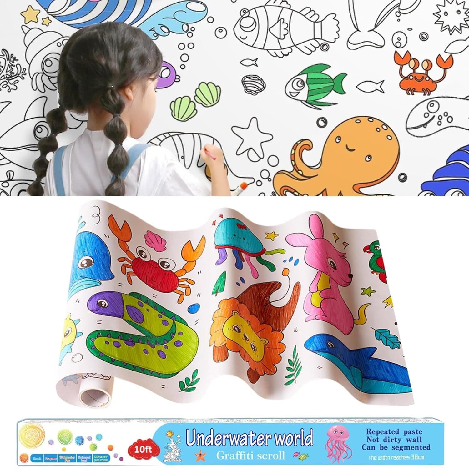 Drawing Paper Roll Coloring Painting Roll for Kids,Ocean Theme Segmented Tablecloth Craft Table Cover Art Paper Roll 120x15in- Boys Girls Classroom Party Supplies Favor Sticky Coloring Paper Roll
