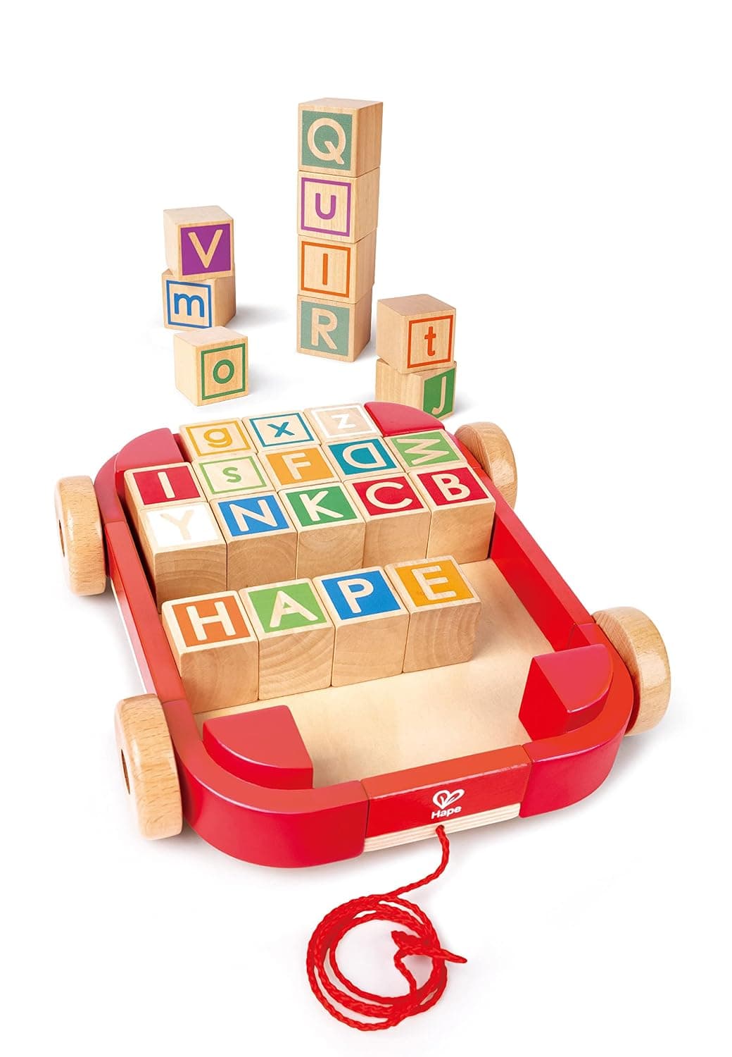 Hape Pull-Along Cart with Stacking Alphabet Blocks – 26-Piece Wooden Toddler Toy for Letter Recognition, Fine Motor Skills & Early Learning | Portable Block Storage for Kids 24 Months and Up
