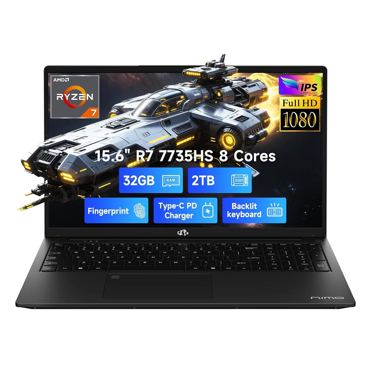 NIMO 15.6" IPS FHD Gaming-Laptop,8 Cores Ryzen 7 7735HS 32GB DDR5 RAM 2TB SSD (Beats i7-12650H, Up to 4.75GHz) Computer with Radeon 680M 100W Type-C Backlit Keyboard Fingerprint Unlock, Black