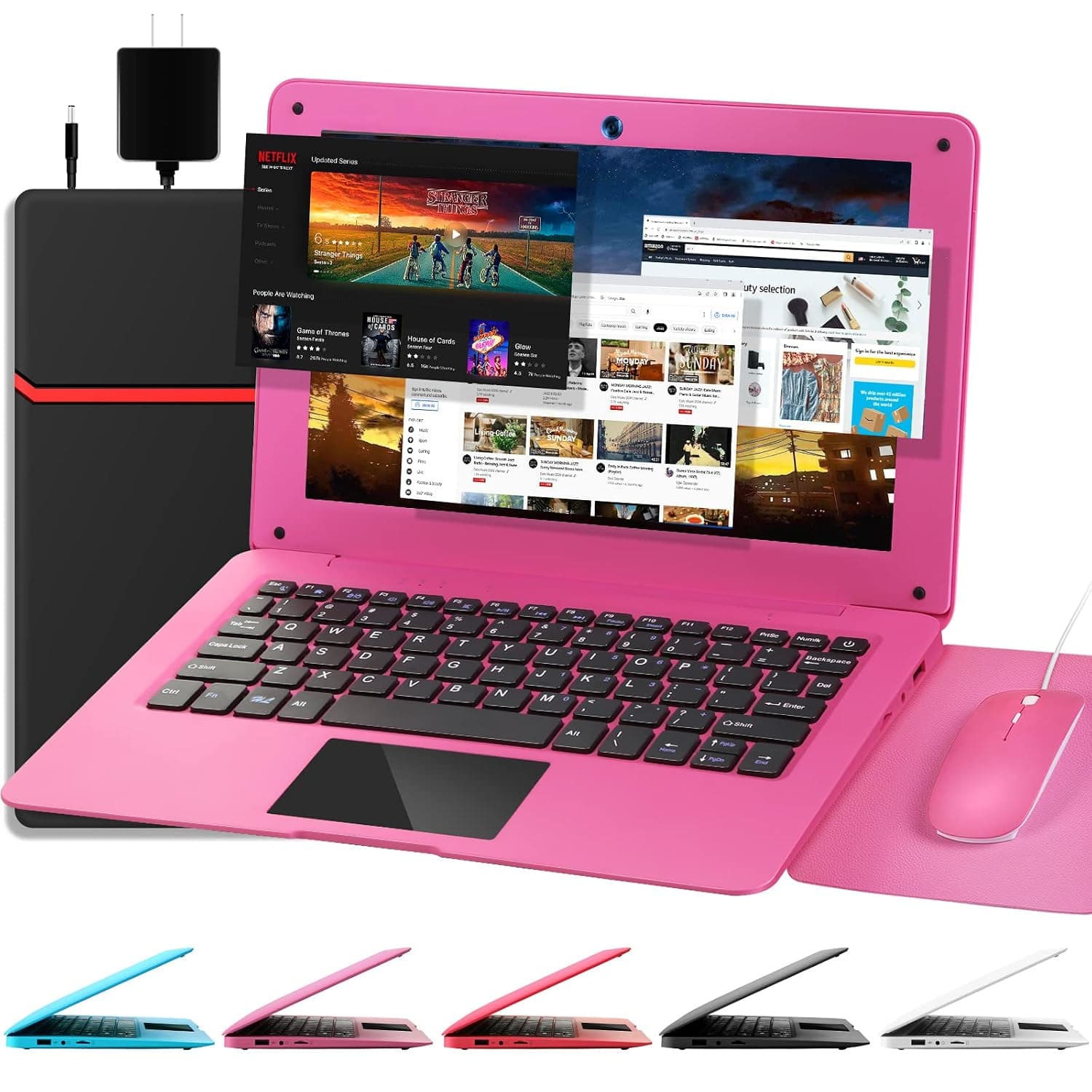 G-Anica Laptop Computer(10.1 inch), Quad Core Powered by Android 12.0, Netbook Computer with WiFi, Webcam and Bluetooth, Mini Laptop with Bag, Mouse, Mouse Pad and Headphone for Kids and Adults（Pink）