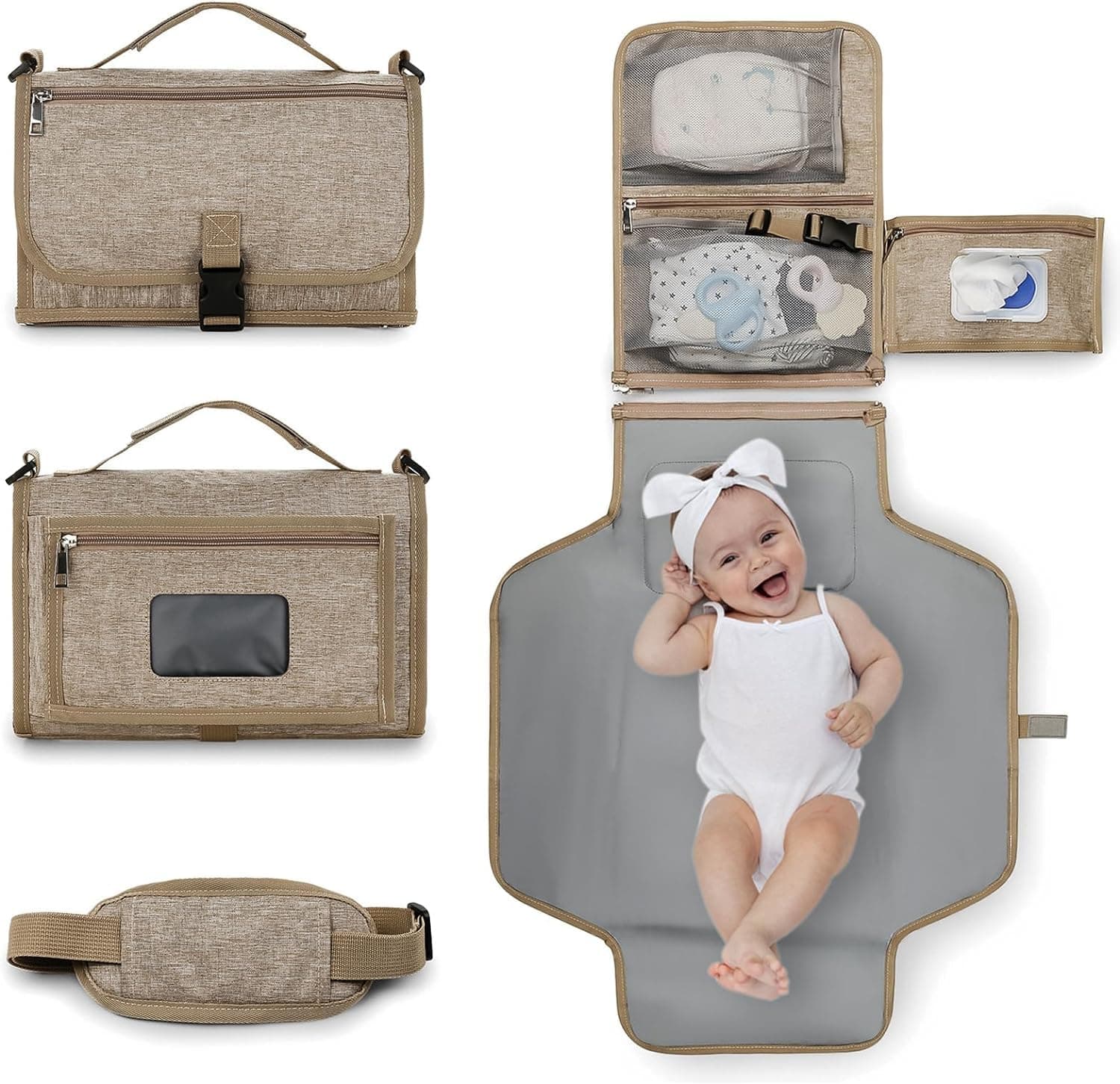 Durku Portable Nappy Changing Mats with Wipes Pocket Travel Baby Changing Pads with Head Cushion for Infants Waterproof Diaper Changing Pads Newborn Essentials (Khaki)