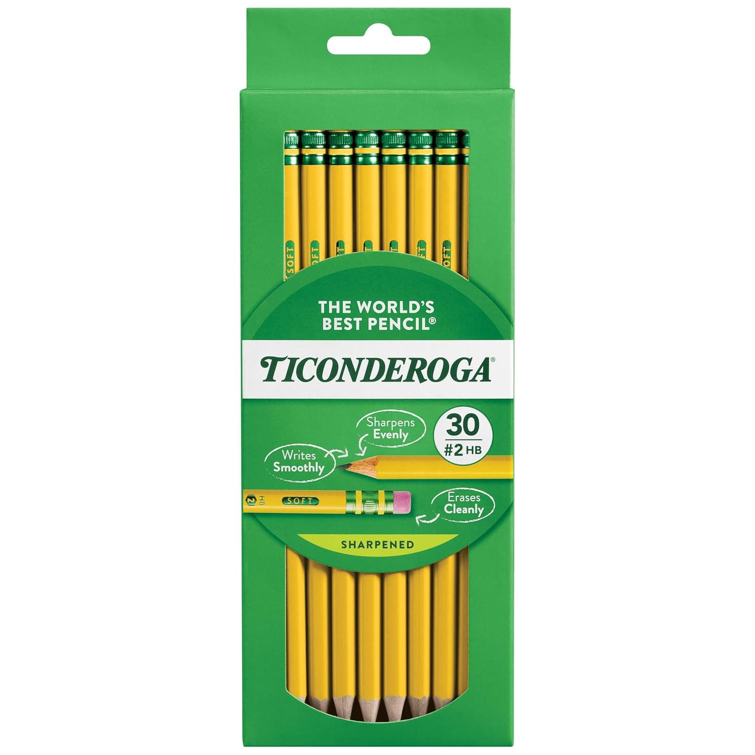 TICONDEROGA Pencils, Wood-Cased, Pre-Sharpened, Graphite #2 HB Soft, Yellow, 30-Pack (X13830)
