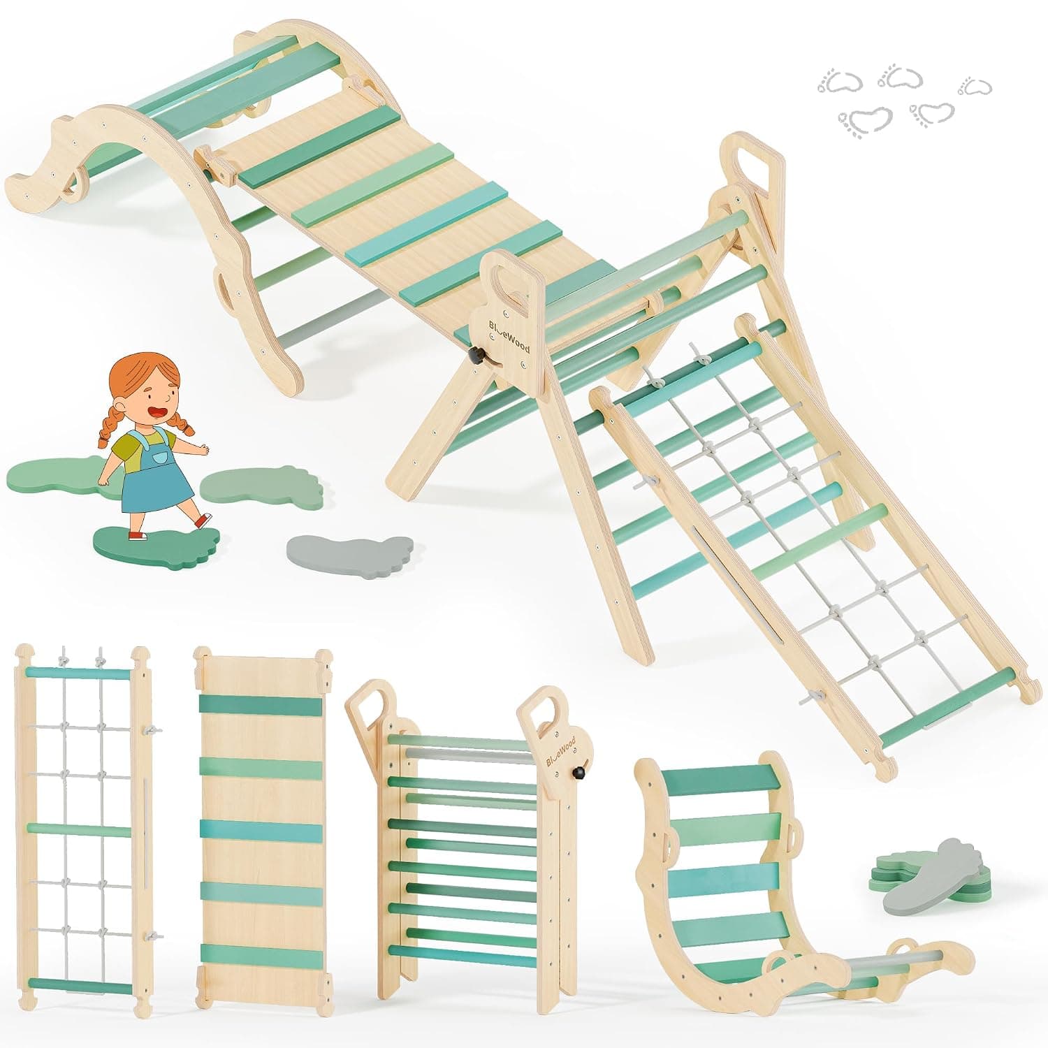 BlueWood 10-in-1 Pikler Triangle Set, Climbing Toys for Kids Emerald Forest