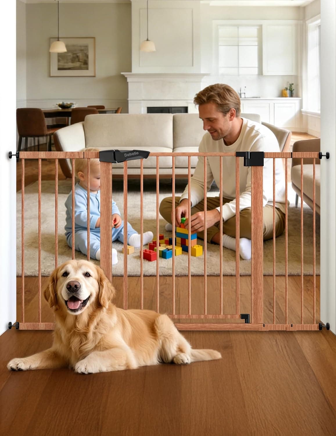 BABELIO Mom's Choice Award Winner- 29-55 Extra Wide Baby Gate with Wood Pattern, Metal Pressure Mounted Dog Gate, Pet Gate for Stairs & Doorways, with Y Threaded Spindle Rods, No Tools Required | Pressure Mounted, Auto Close Walk Thru Metal Child Gate with Door, 30" Tall, Pet Gates for Doorways, No Drilling