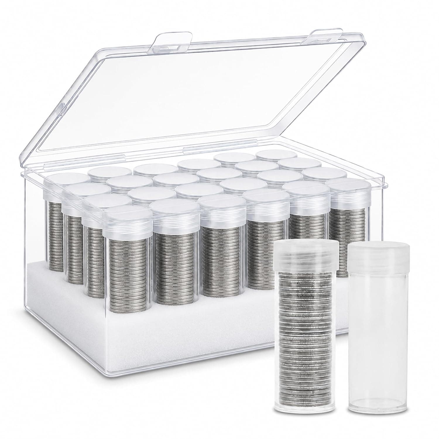 Vault Quarter Tubes 24 Count with Clear Storage Box | Archival Quality Coin Collection Supplies | Quarter Coin Wrappers