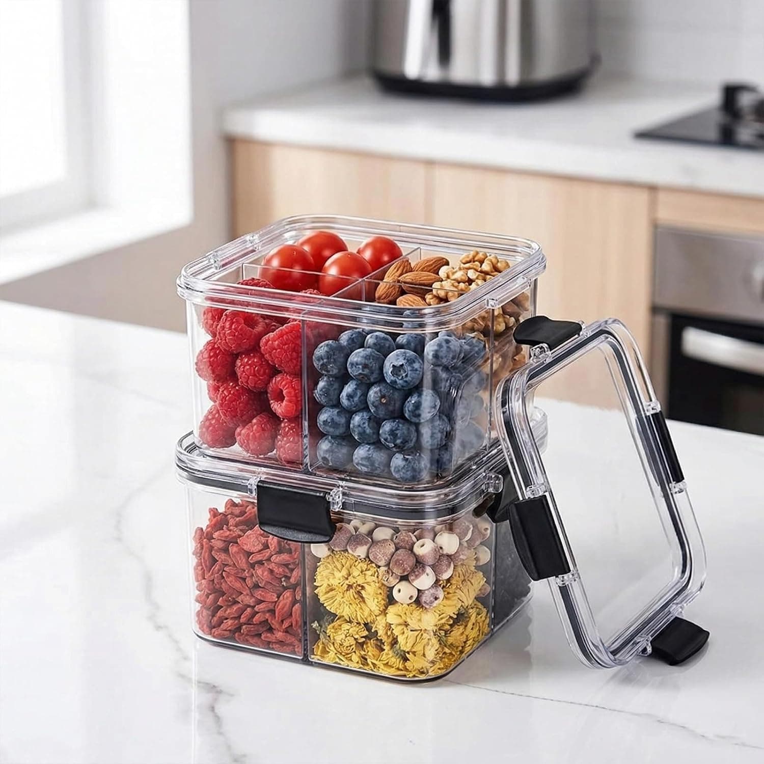 Square Food Storage Containers, 4 Compartment Food Organizer, Leakproof BPA-Free Stackable Clear Plastic for Snacks Fruits Nuts and More for Kitchen Travel Parties Pantry(1 Pcs)