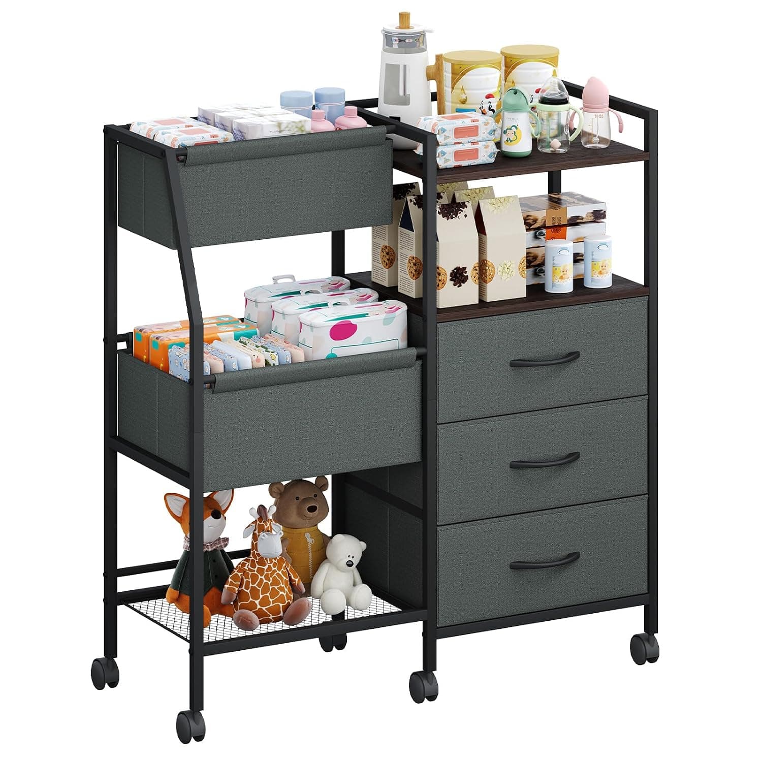 Somdot Baby Diaper Caddy Organizer Cart, 3 Tier Rolling Baby with Dividers and Drawers, Easy to Assemble, Large Capacity, Baby Essentials Organizers and Storage for Nursery, Bedroom, Charcoal Grey