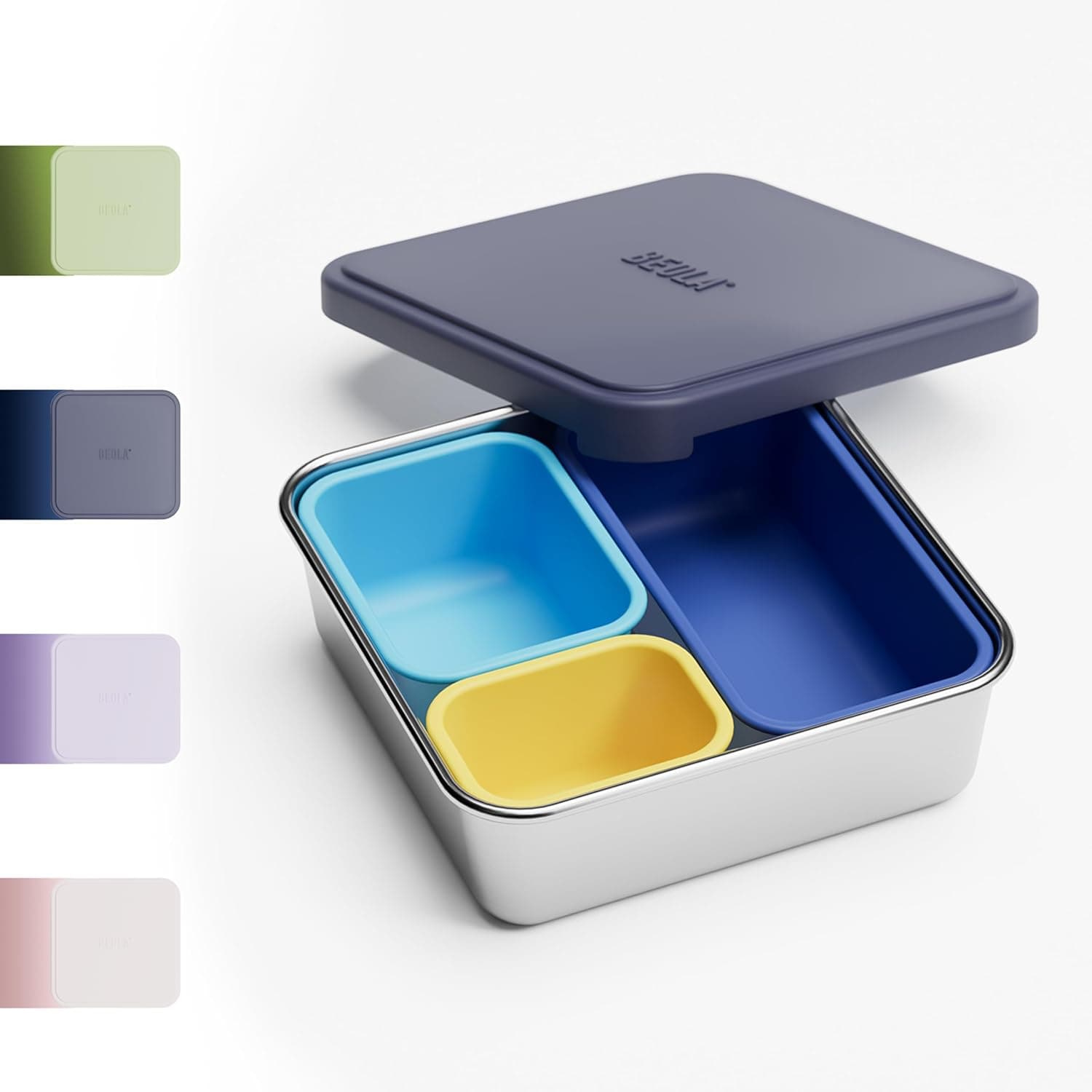 BEOLA Stainless Steel Snack Box, 3 Silicone Compartments, BPA Free, Leakproof Bento Box Snack Container, Ideal for School, Picnic & Everyday Use (Blue)