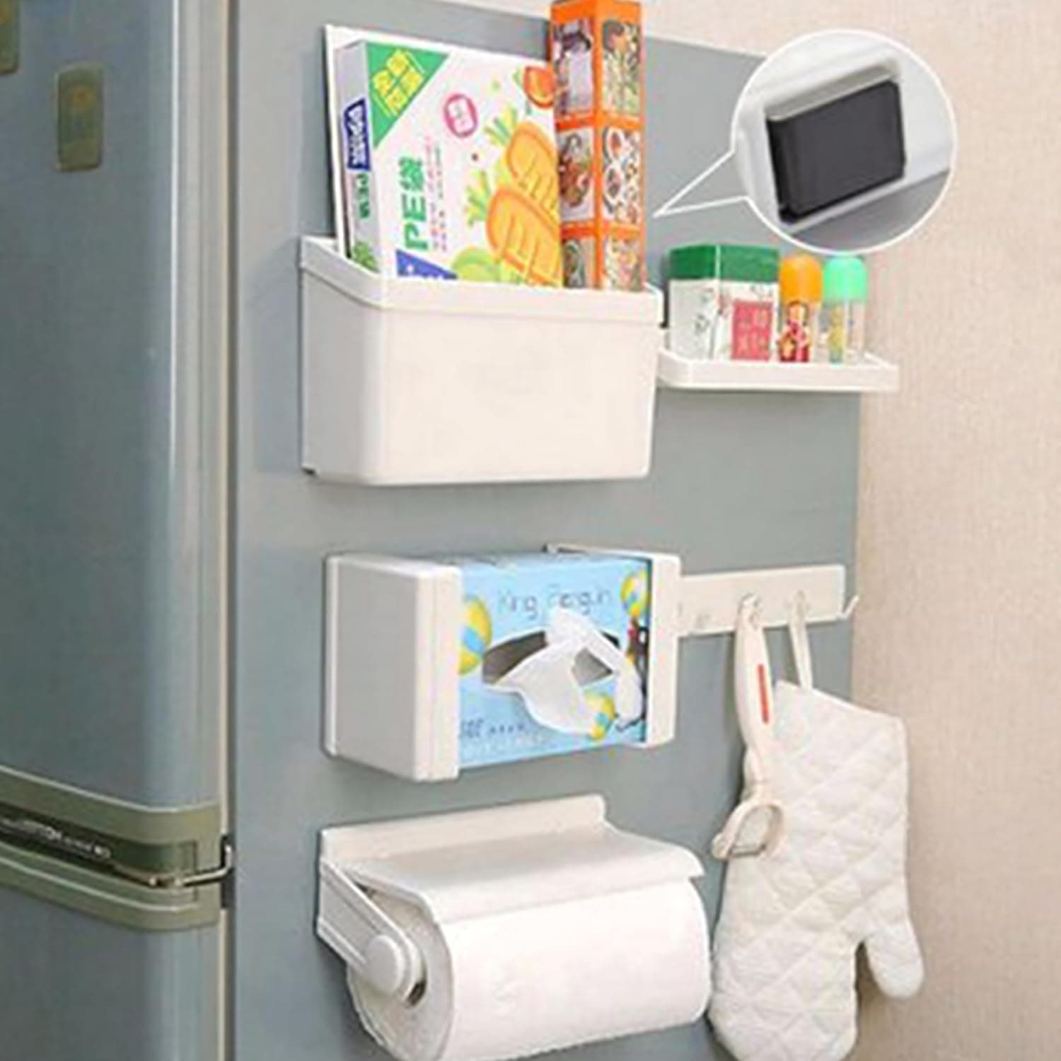 رف تخزين مغناطيسي للثلاجة 5 في 1 | حامل لفافة المناديل، رف التوابل، رف المناشف، رف خطاف، منظم صينية جانبية - حل تخزين الثلاجة متعدد الاغراض