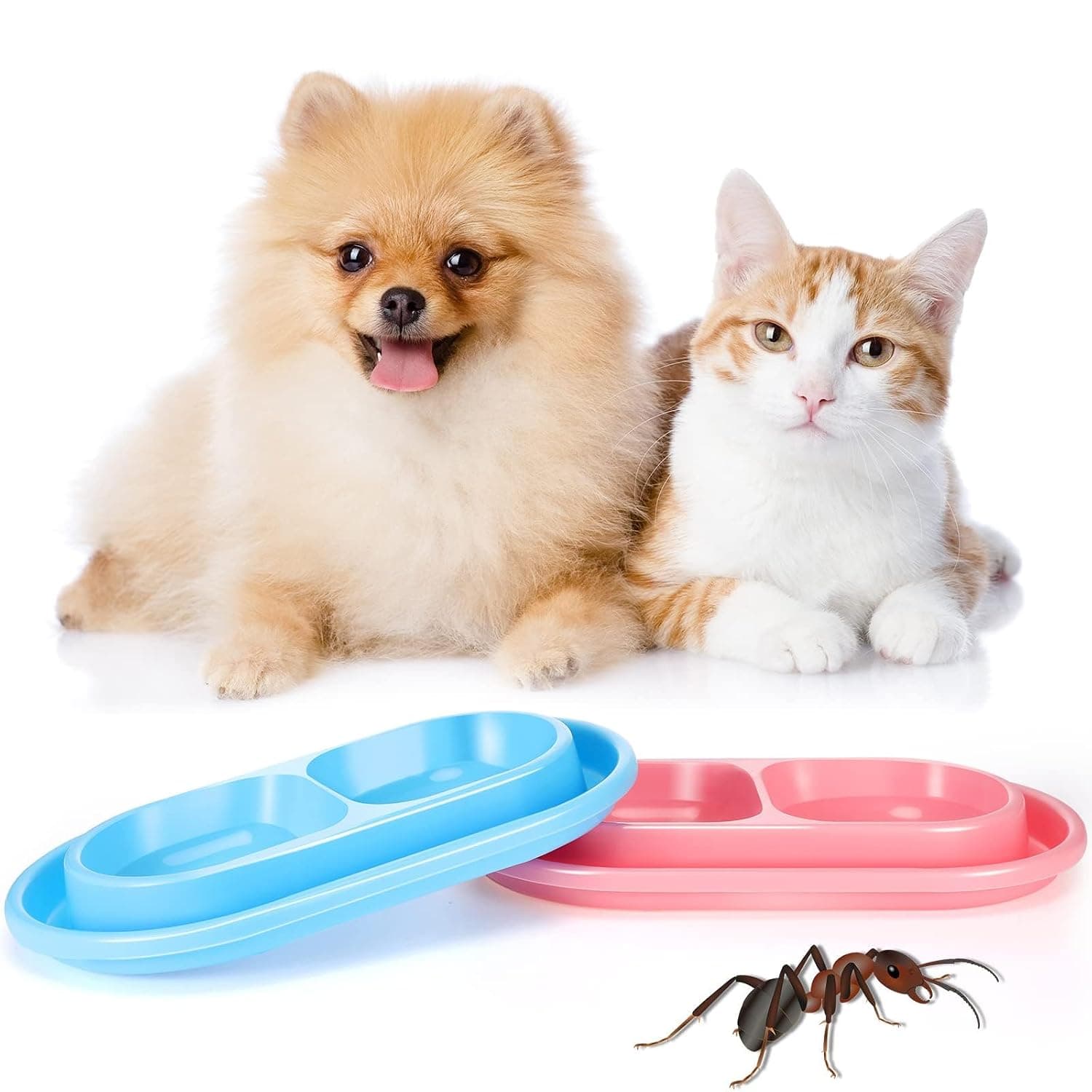 2 Pieces Cat Dog Food Bowl – 25 oz Plastic Double Pet Food Water Bowls – Feeding Bowl Tray Cat No Spill for Dogs & Pets – Outdoor – Pink & Light Blue