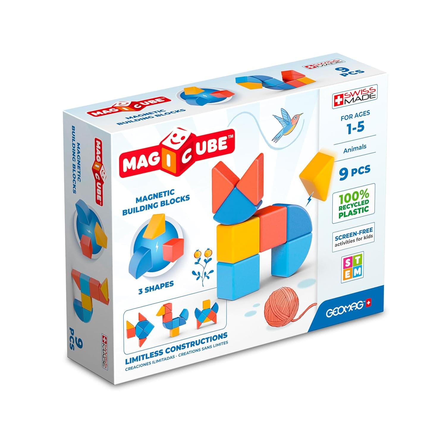 Geomag Magicube 3 Shapes Building Set, STEM & Educational Magnetic Construction Toy, Made in Switzerland, 100% Recycled Plastic, Open Ended, 1yr+, 9pcs