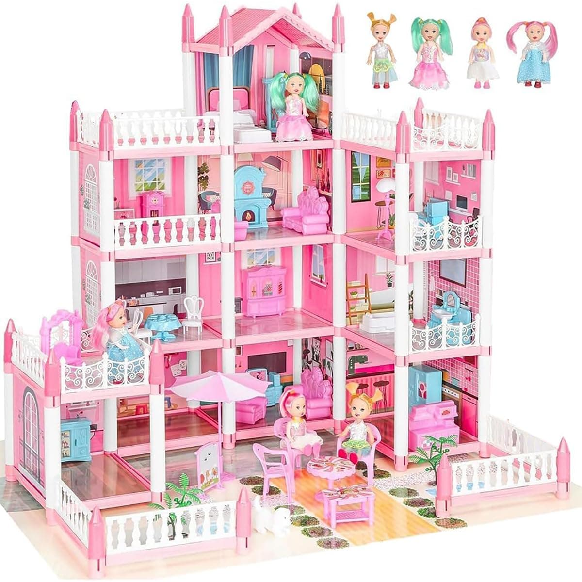 Doll Houses for Girls, Dream Dollhouse Pretend-Play DIY Dollhouse Kit - 4-Story 11 Rooms Playhouse with 4 Dolls Toy Figures & Furniture Accessories & Flashing Lights, Princess Building Doll House Toy