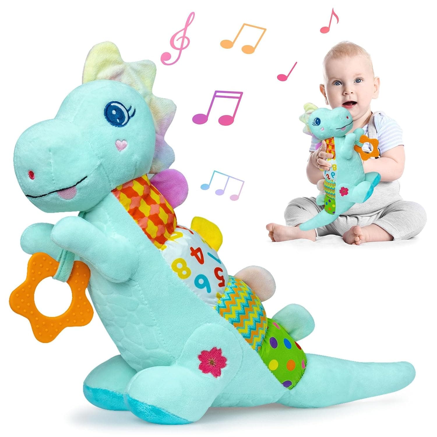 Holaxander Dinosaur Soft Plush Toy for Baby 0-3, 6 and 12+ Months, Musical Toy for Kids with Rattle, Whistle, Sensory Textures, Teether and Other Details, Toy