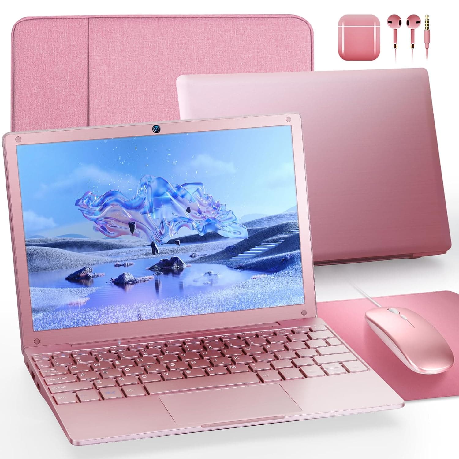 G-Anica Laptop Computer, win11 Laptop, 8GB+128GB, Celeron Dual core Processors, 10" Laptops, Bluetooth WiFi Webcam mini HDMI, and Laptop Bag,Mouse, Mouse Pad, Headphone（Rose Gold）