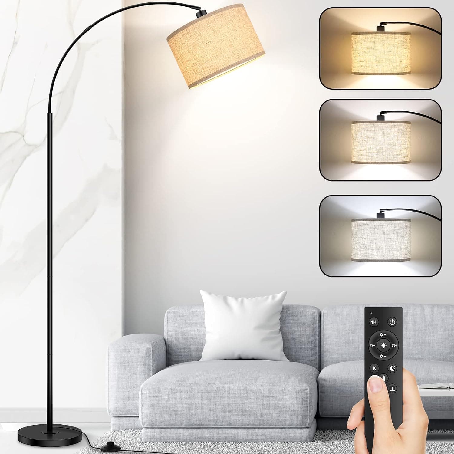 Bdrofn Arc Floor Lamps for Living Room, Modern Remote Control Standing Lamp with Stepless Dimmable, Black Tall Floor Lamp,Over Couch Arched Reading Light for Bedroom, Office(Bulb Included)