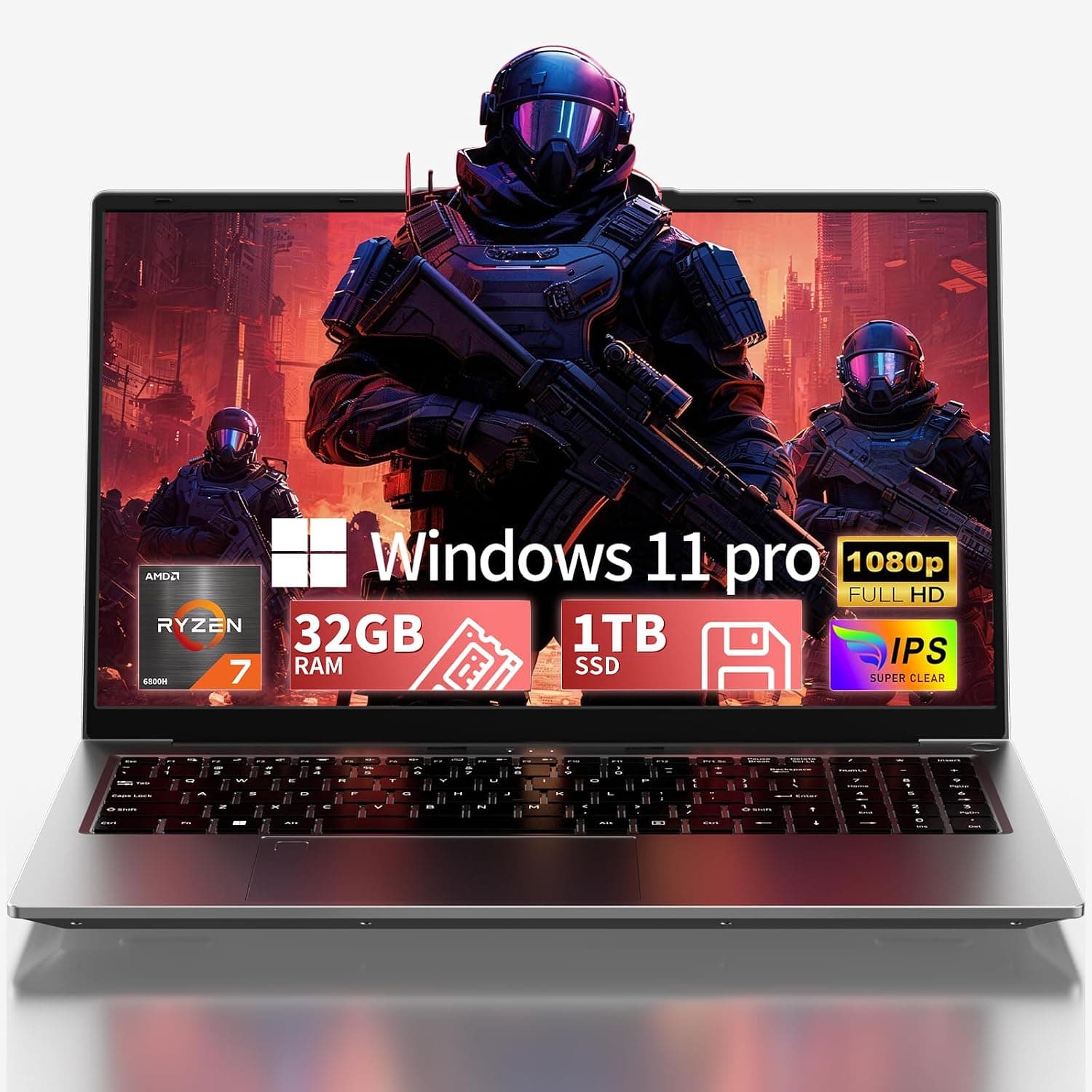 2026 15.6" FHD Gaming Laptop: AMD Ryzen 7 6800H 45W TDP, 32GB RAM, 1TB NVMe SSD, Win 11 Pro, Keyboard, 6 Ports, Lightweight 3.5lb for Gaming, Students, Programming, Video Editing